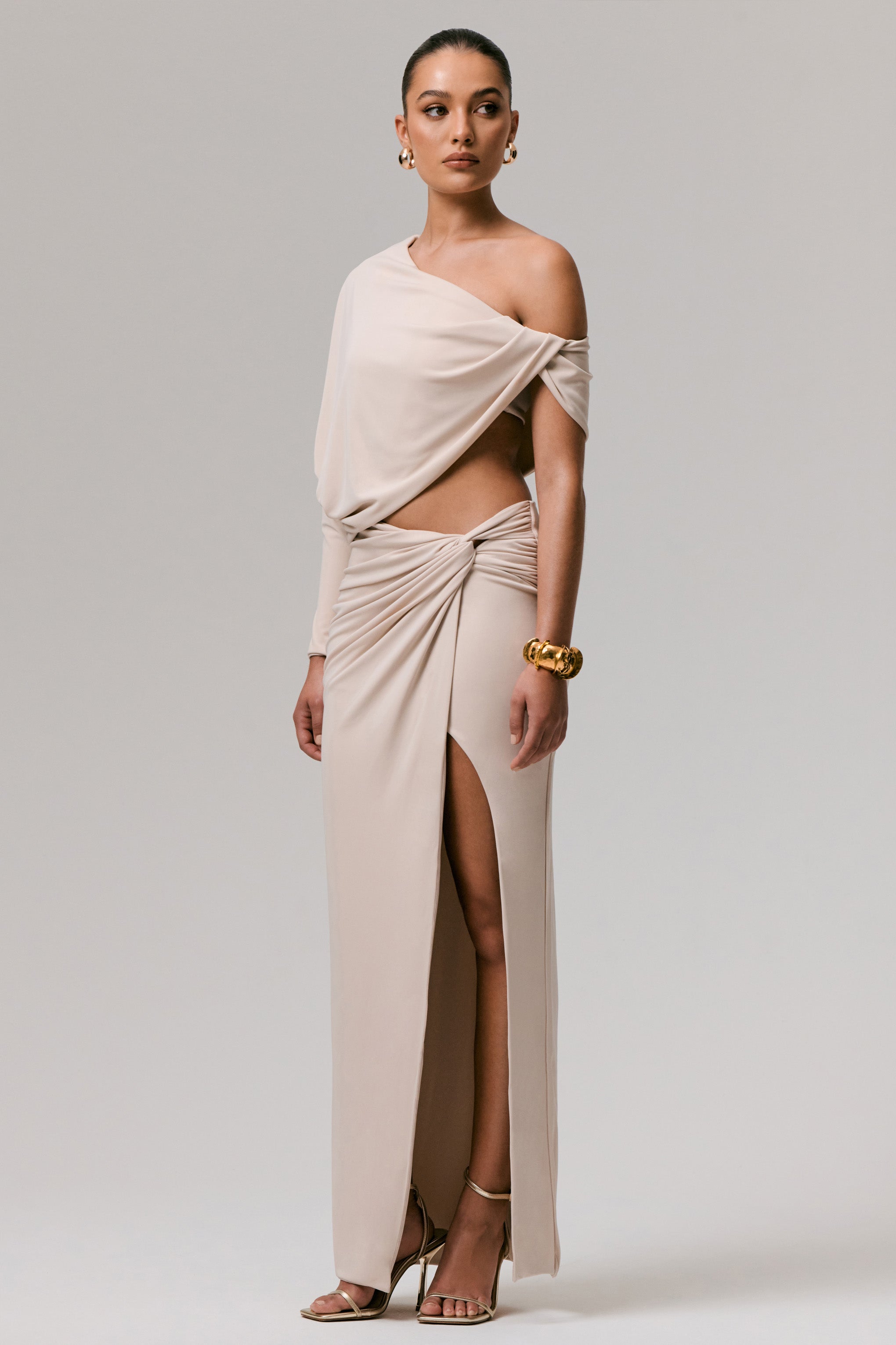 Stone Asymmetric One-Sleeve Draped Top