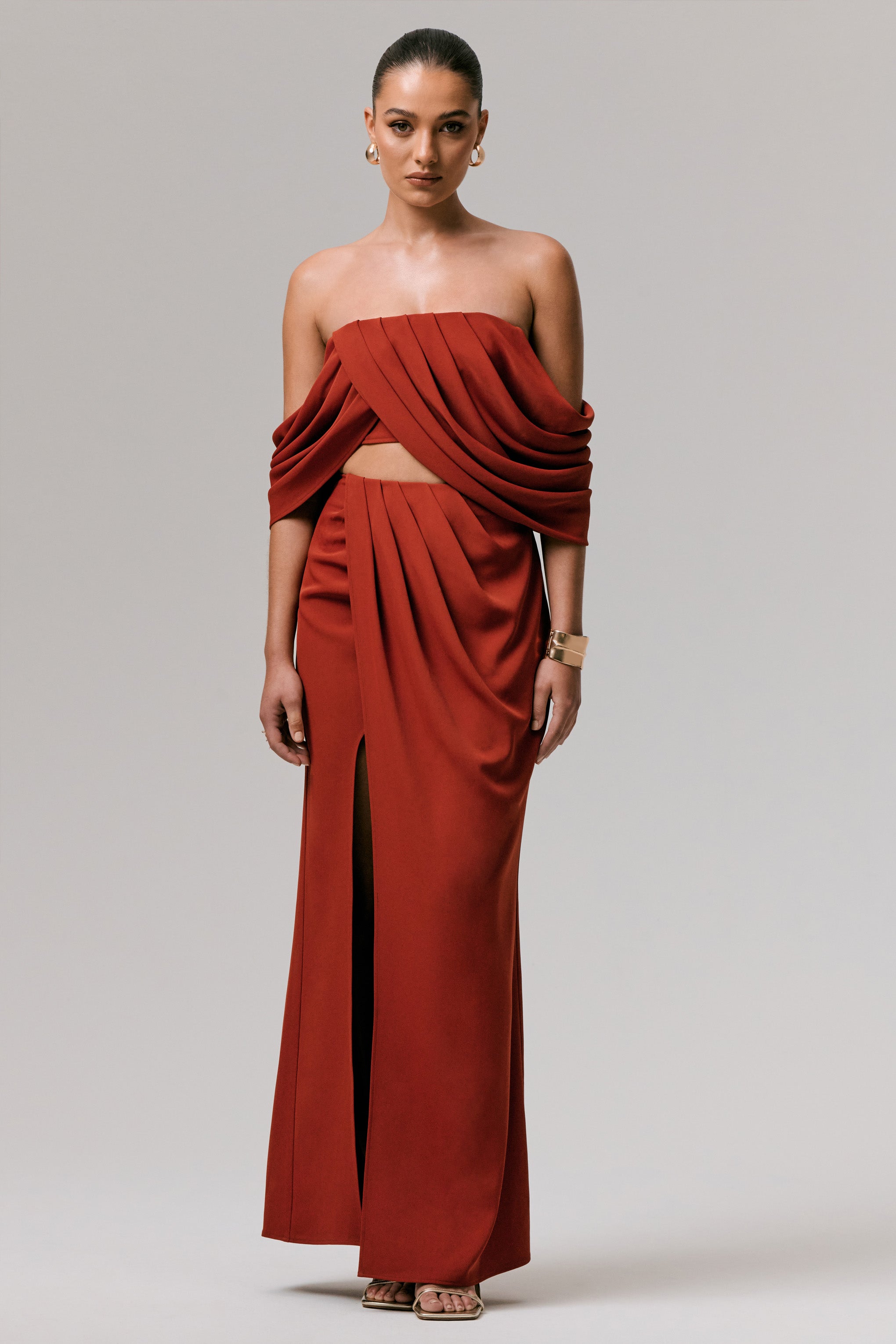  Terracotta Bardot Crop-Top With Draped Sleeves