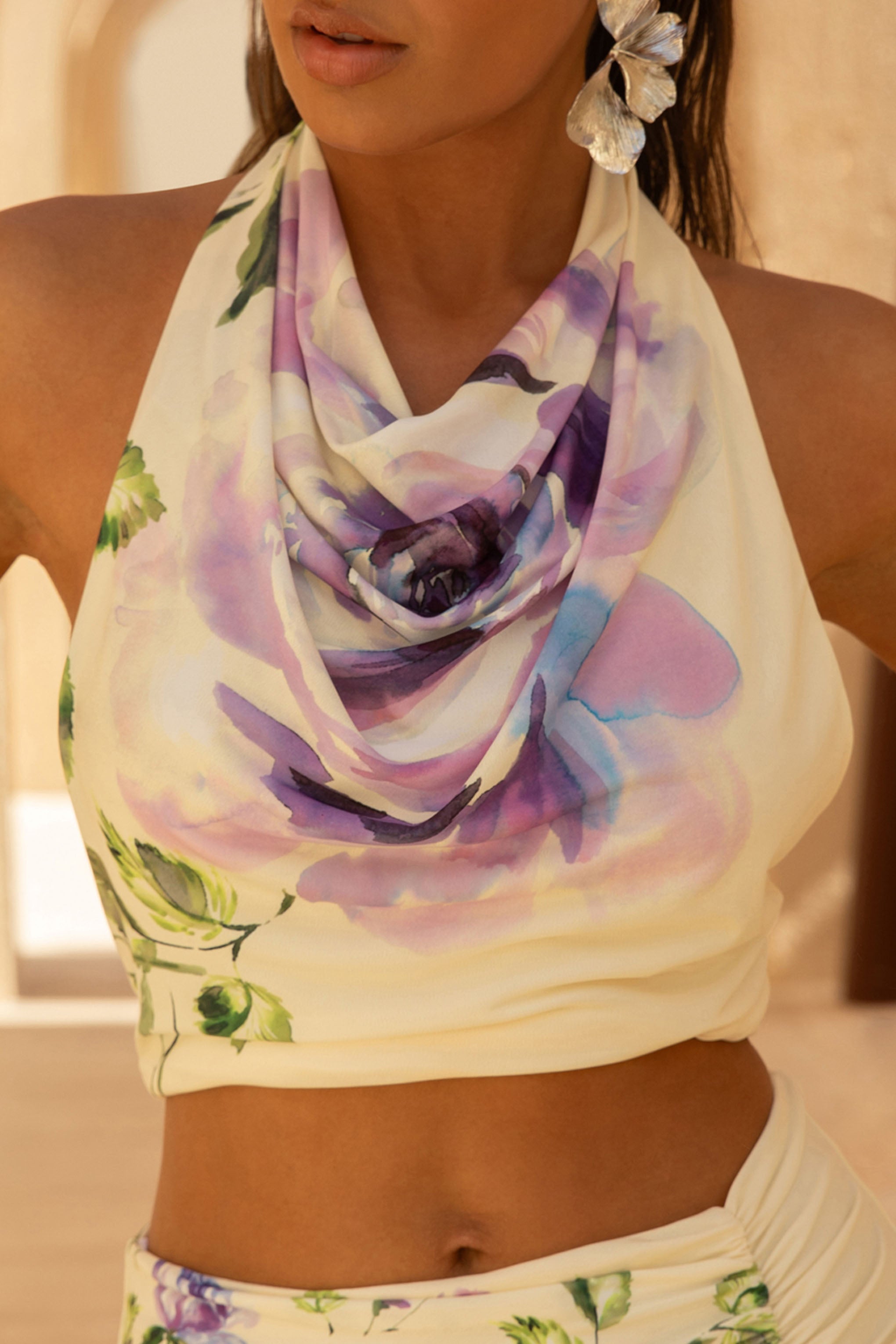  Lilac Floral Placement Print High-Neck Crop-Top