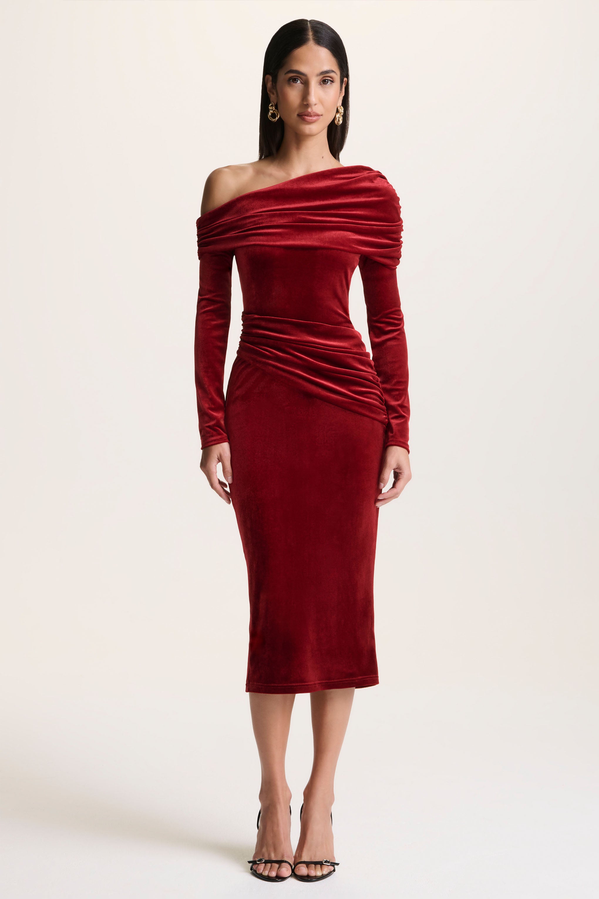  Berry Velvet Asymmetric-Neck Midi Dress