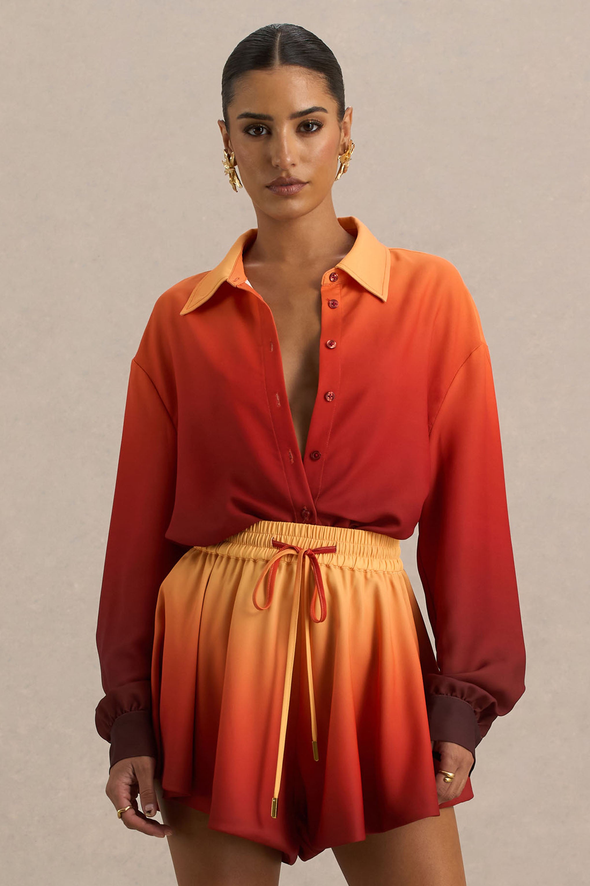  Ombre Satin Shirt with Plunge Neckline