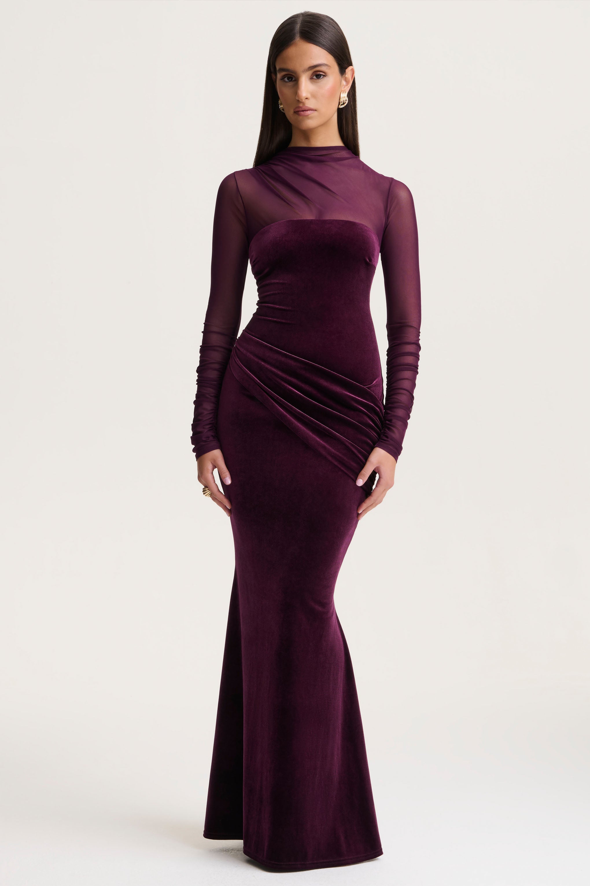 Plum Velvet High-Neck Maxi Dress With Draped-Detailing