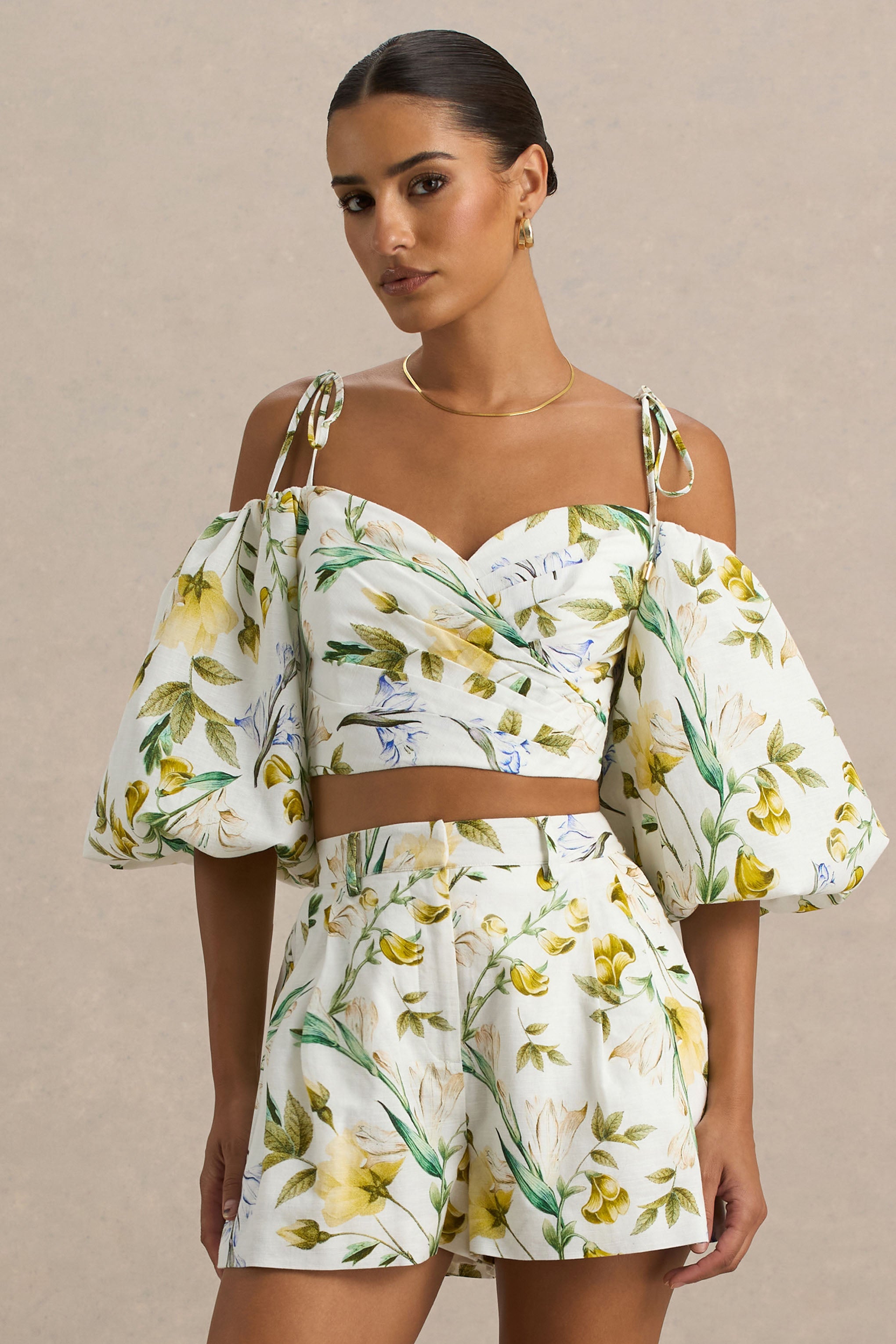  White Linen Botanical Print Plunge-Neck Ruffled Crop Top
