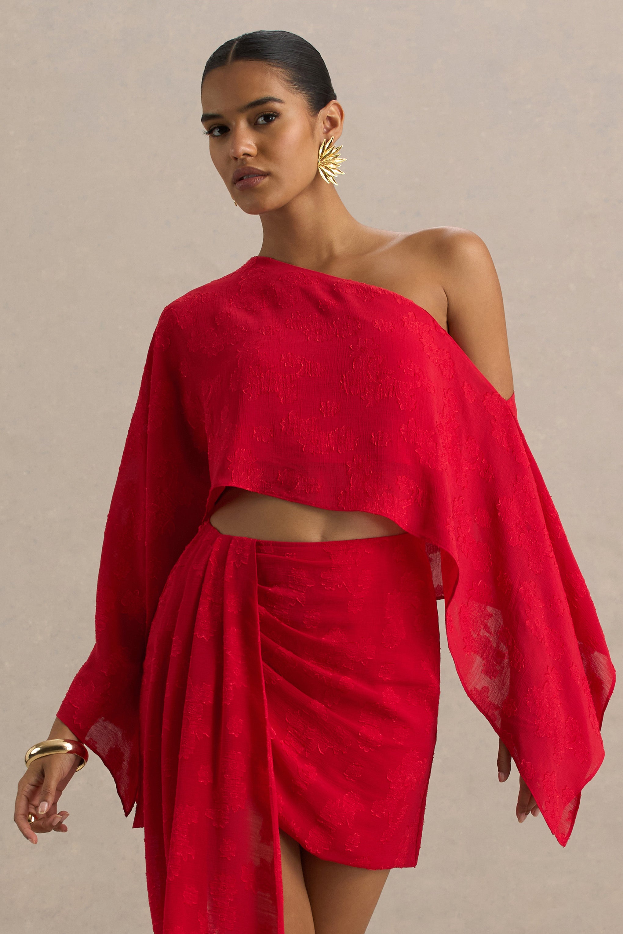  Red Satin Devore Asymmetric Long-Sleeve Crop Top