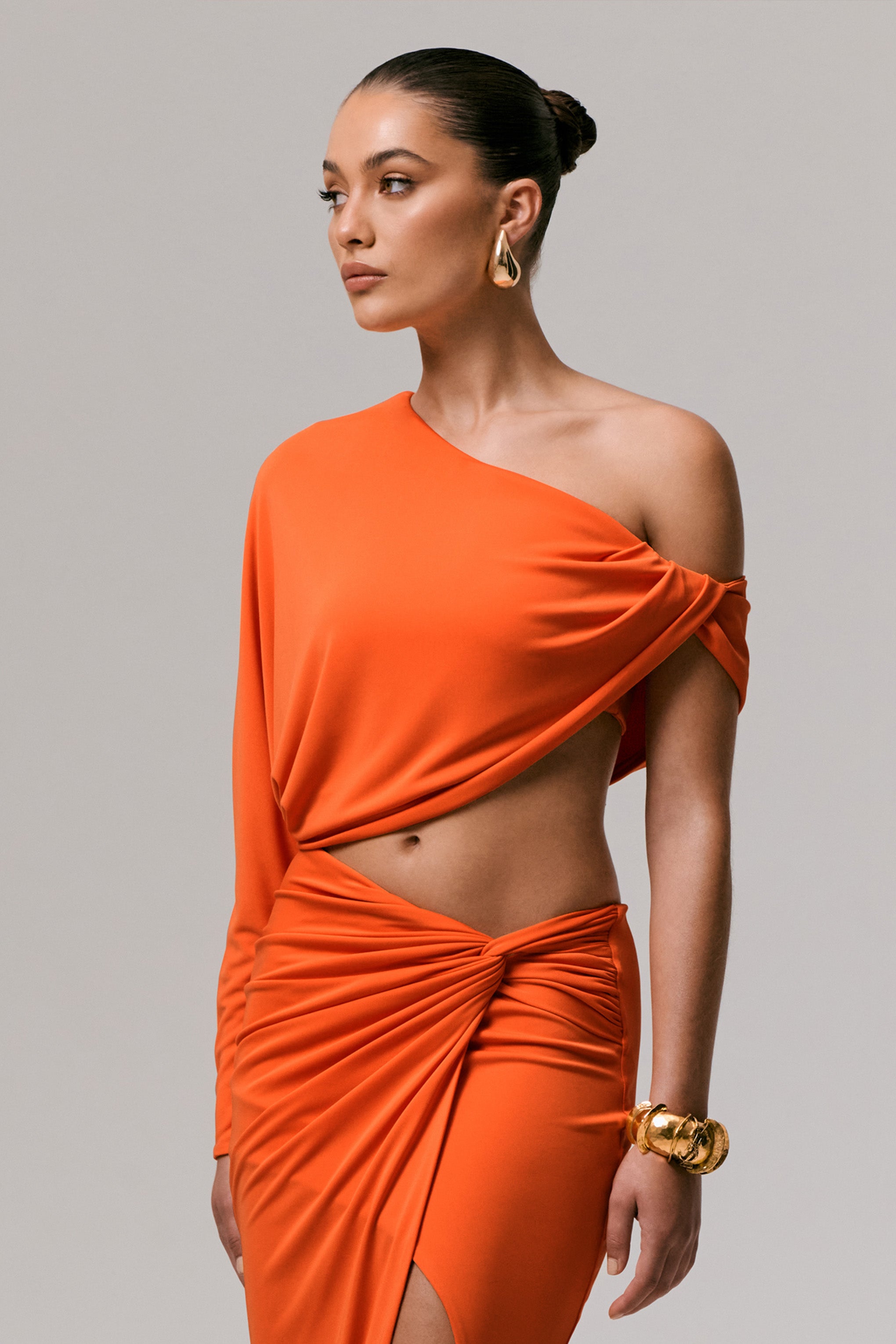 Orange Asymmetric One-Sleeve Draped Top