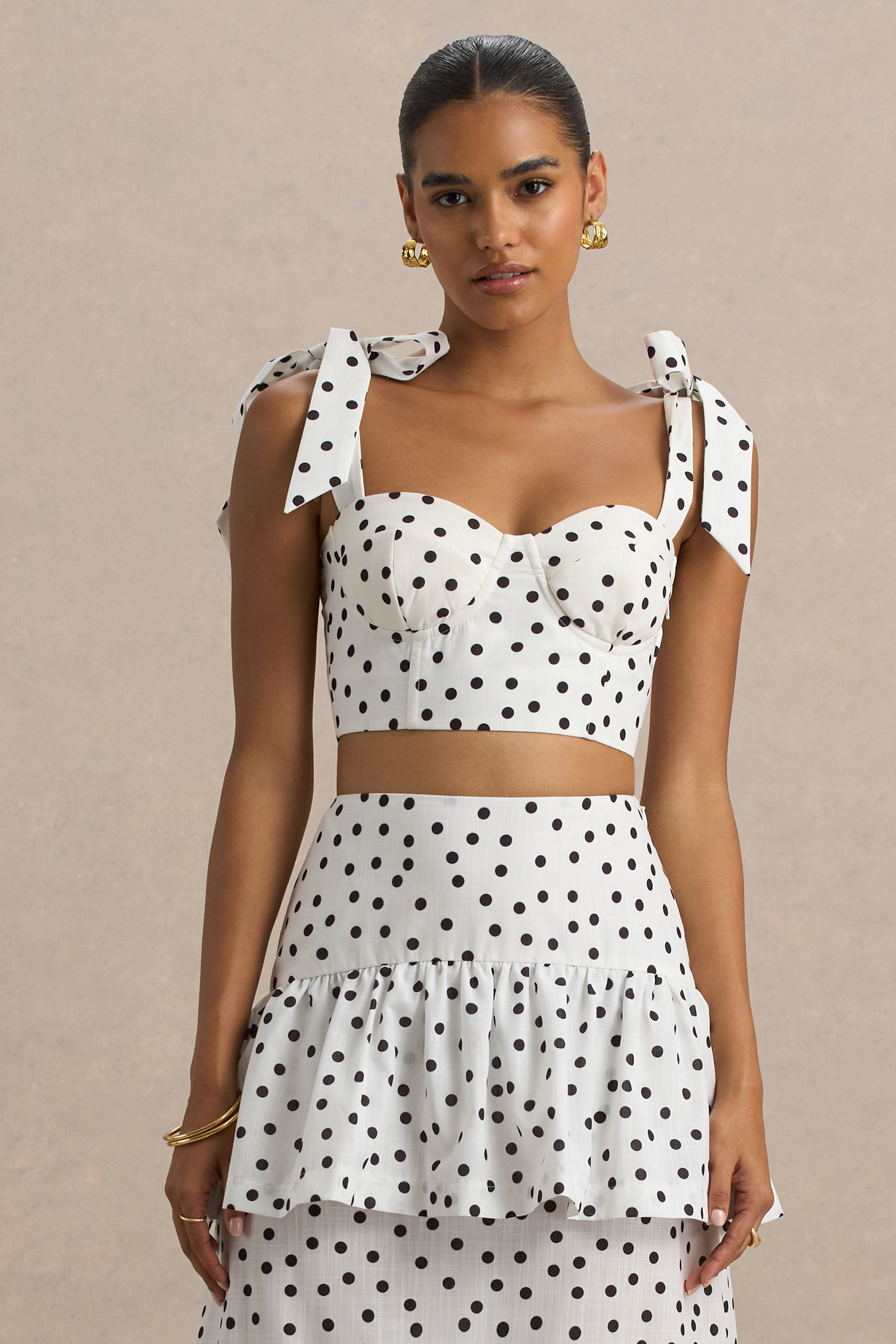 White Polka Dot Corset Sweetheart Top With Bow Straps