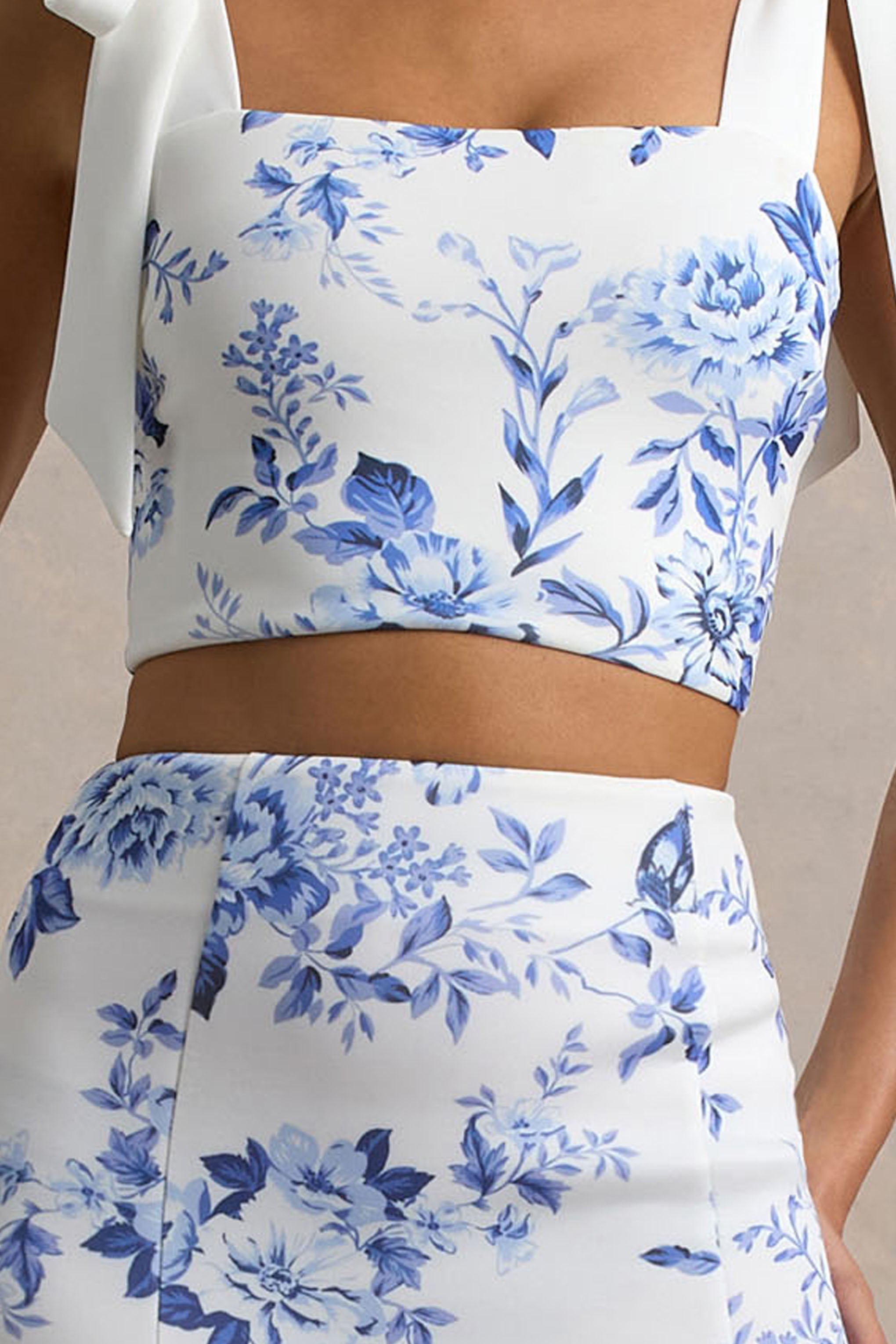 Blue Porcelain Print Crop Top With Tie Straps Tie