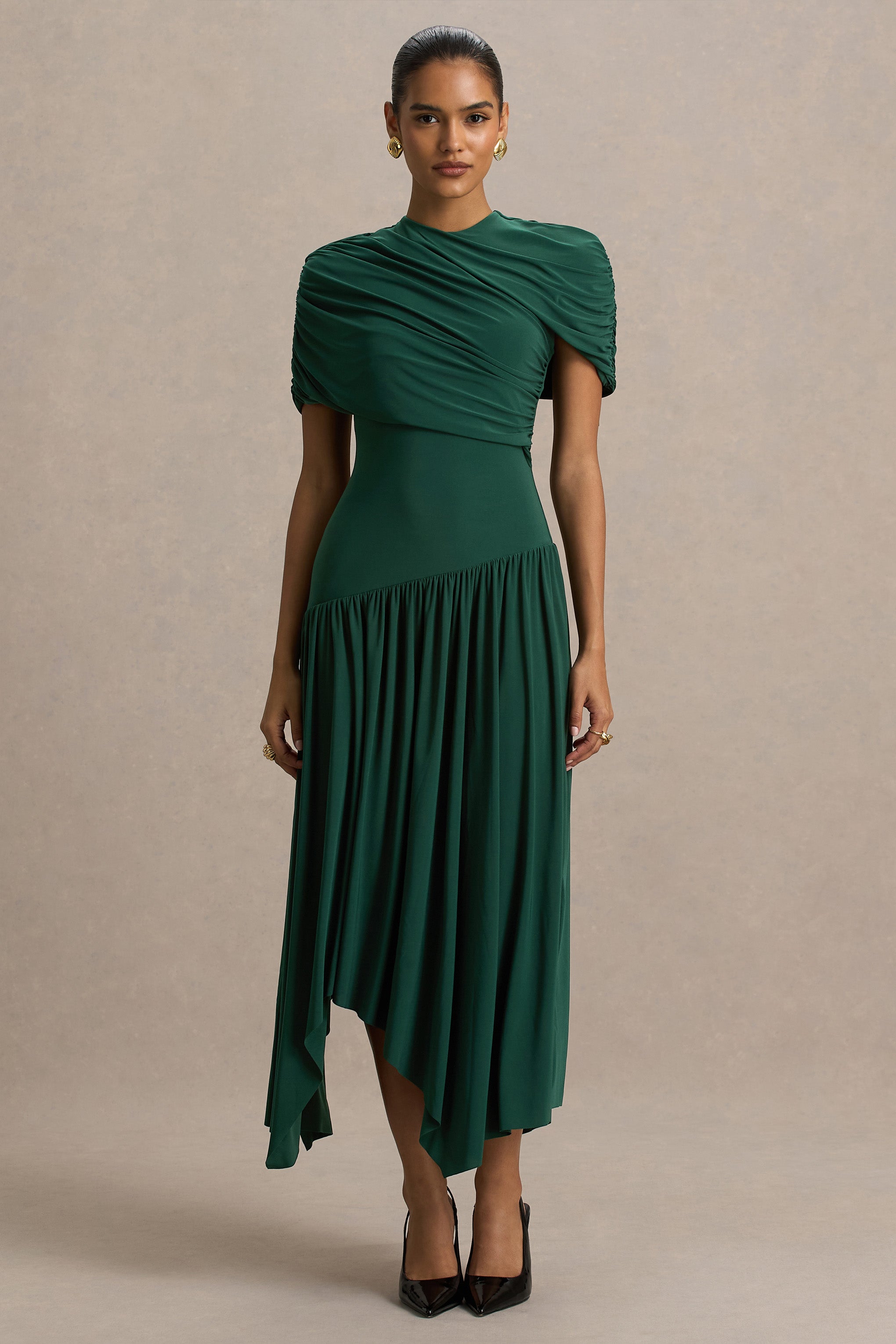 Teal Wrapped Midi Dress With Hanky Hem