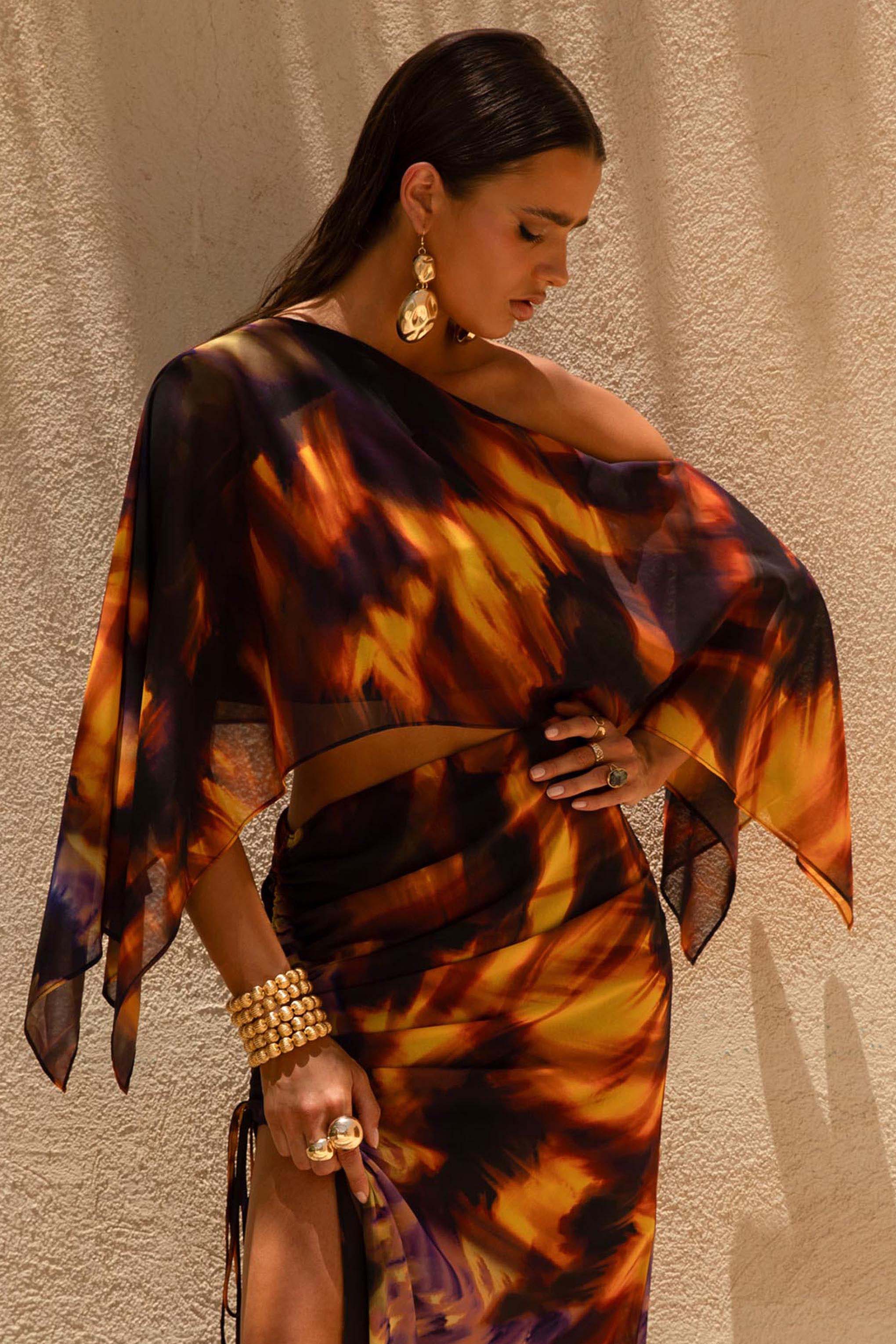 Smoke Print Asymmetric Crop Top