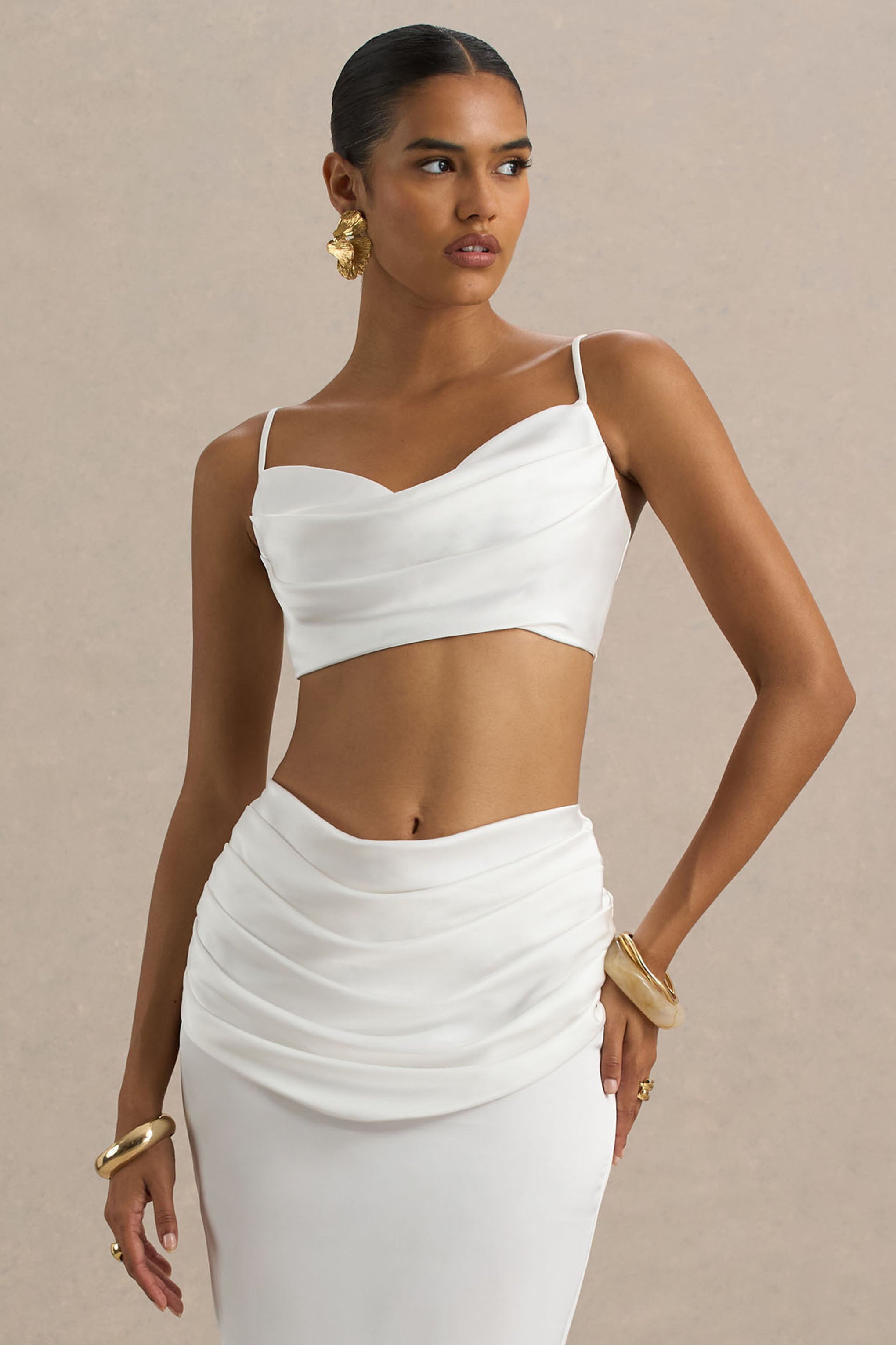 White Ruched Cowl-Neck Crop Top