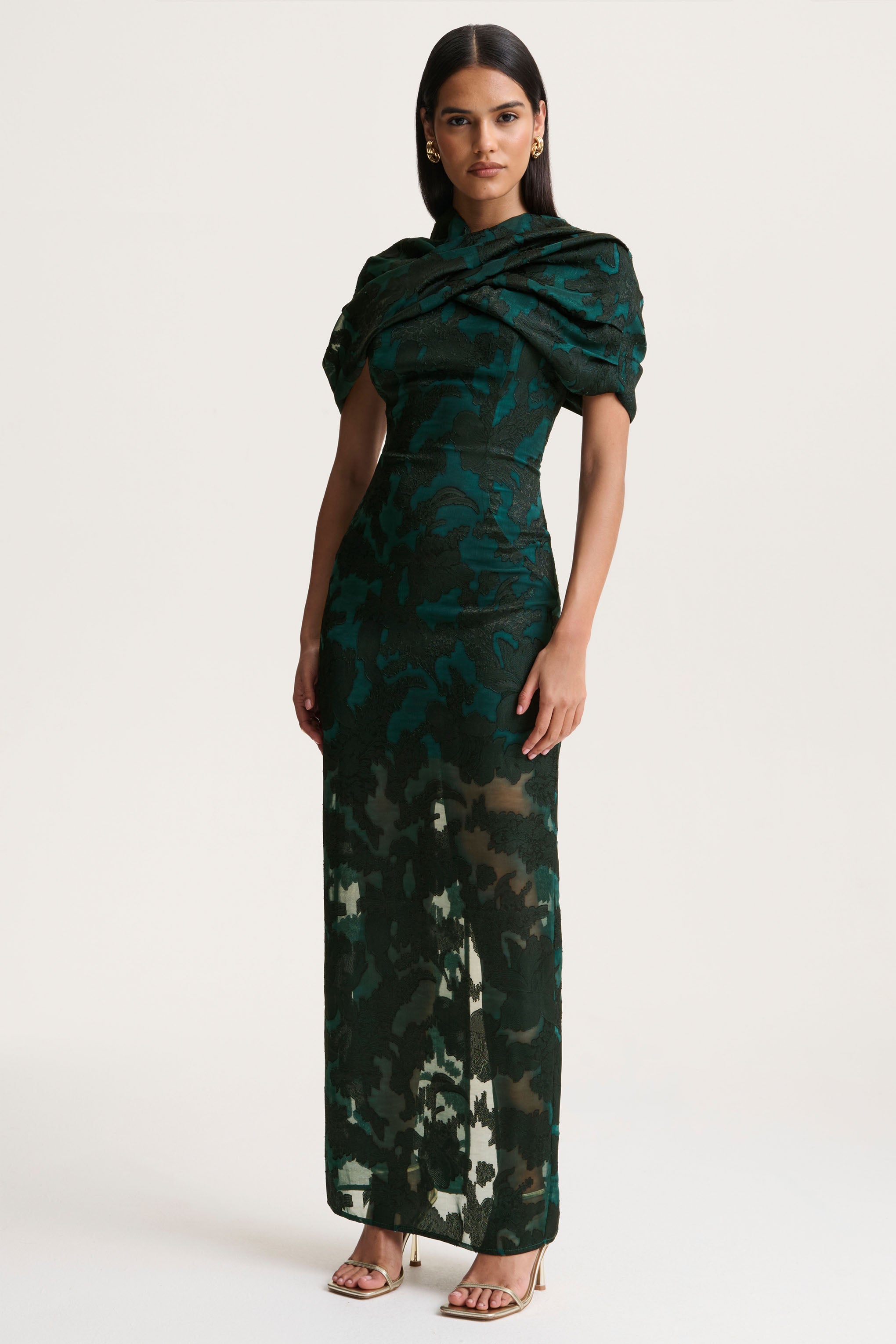 Dark Green Satin Devore Square-Neck Maxi Dress With Removable Twisted-Cape