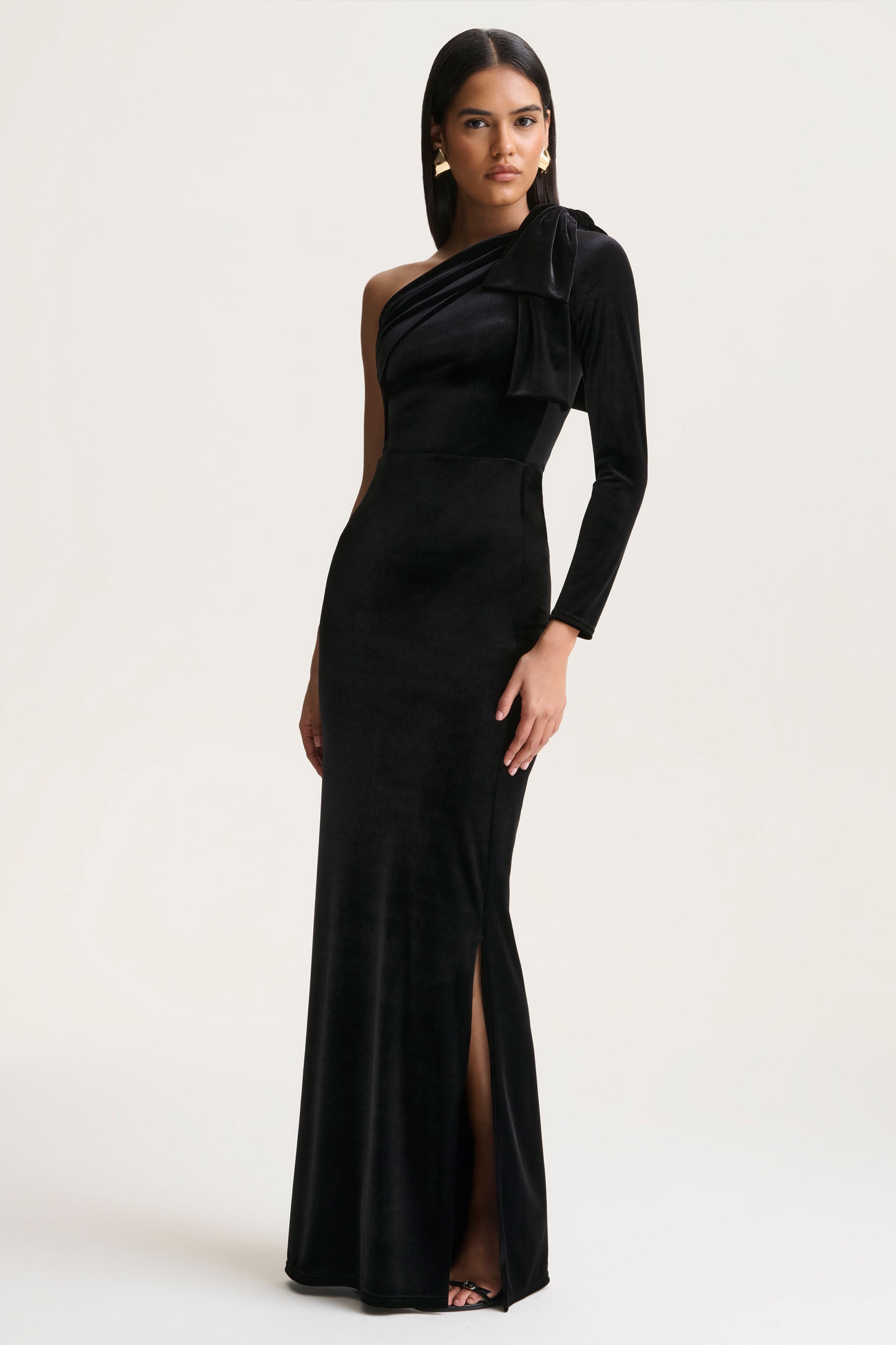 Farryn | Black Asymmetric-Neck Maxi Dress With Bow Detail