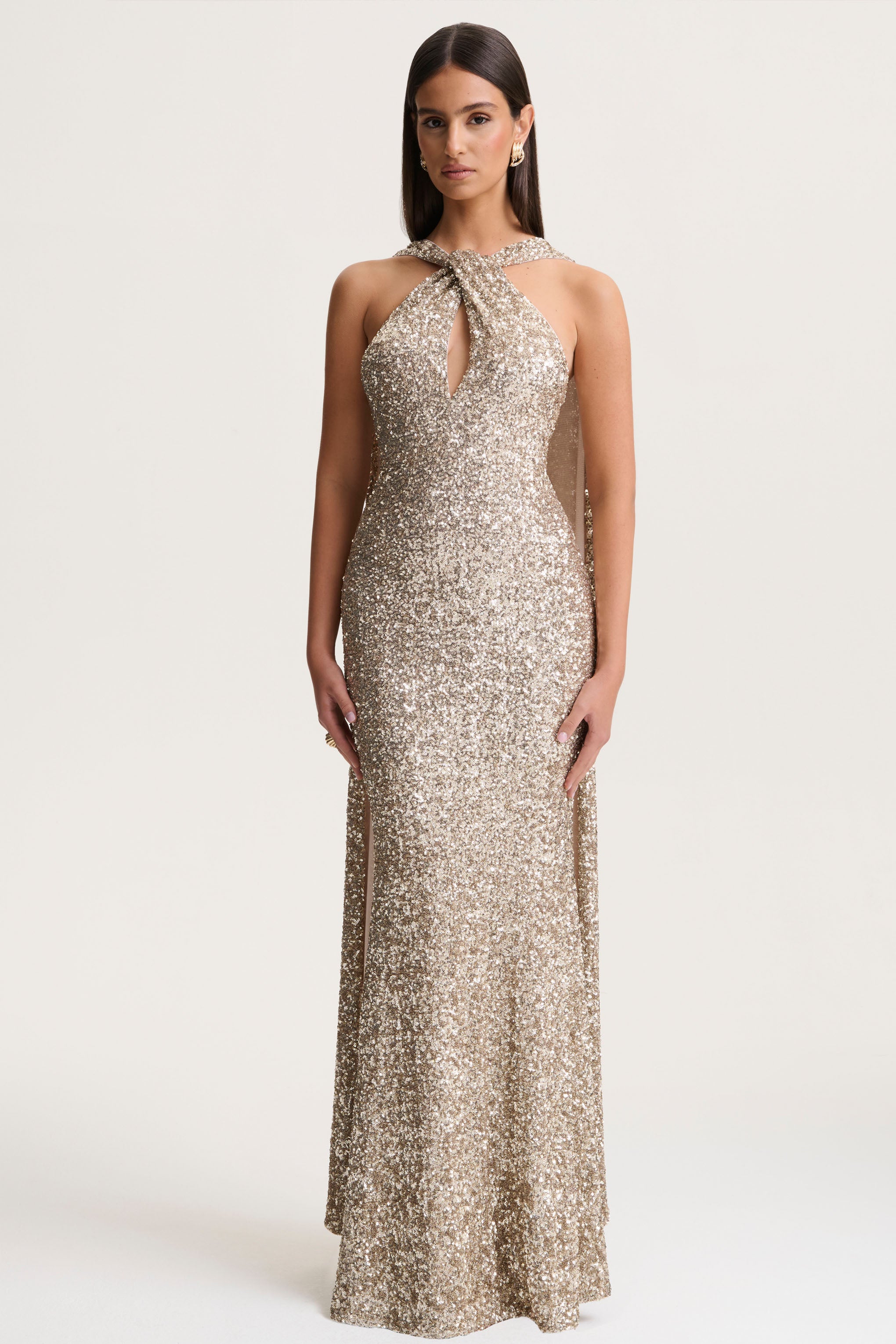 Gold Sequin Halter-Neck Maxi Dress