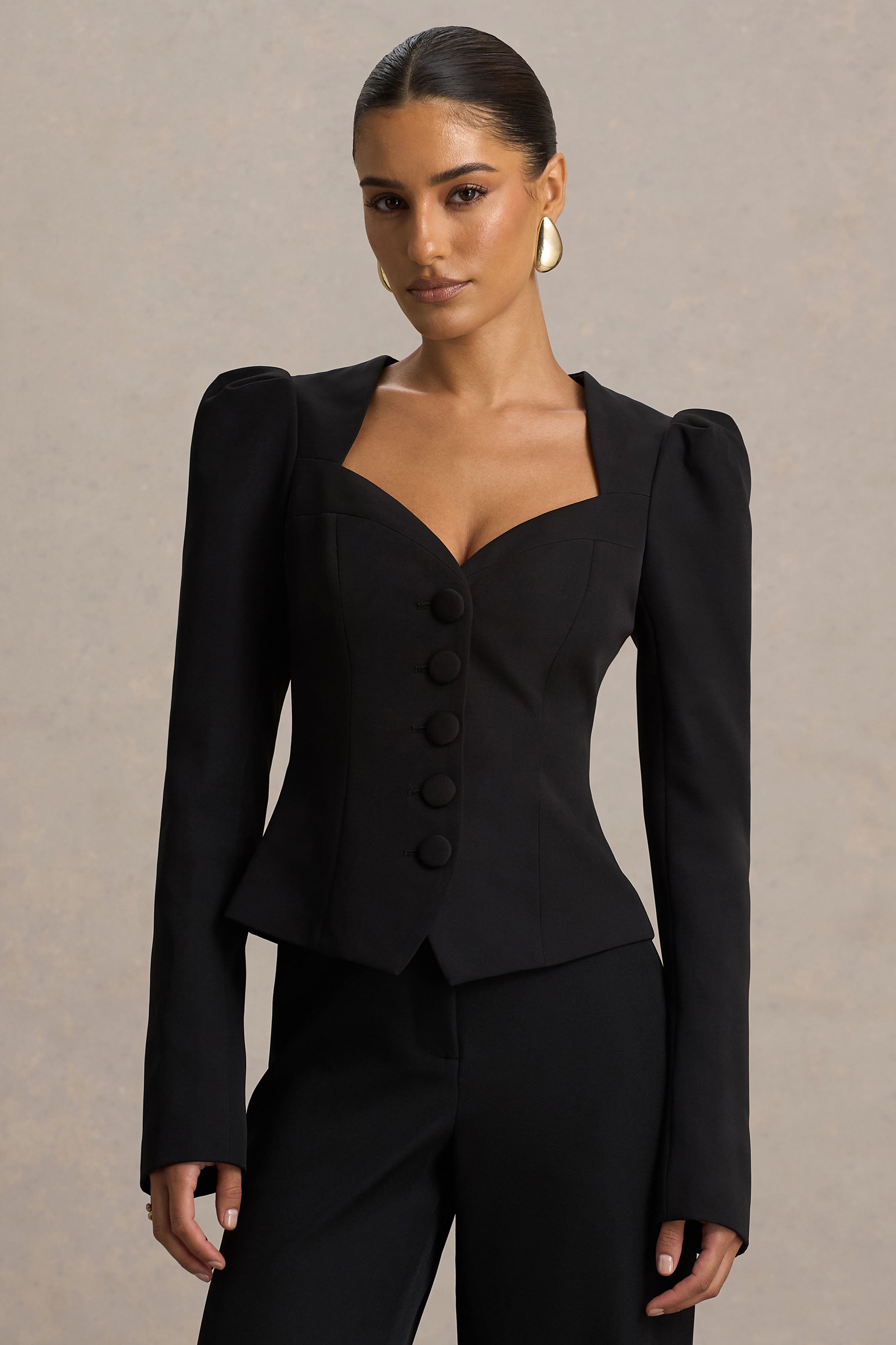 Black Sweetheart-Neck Tailored Top