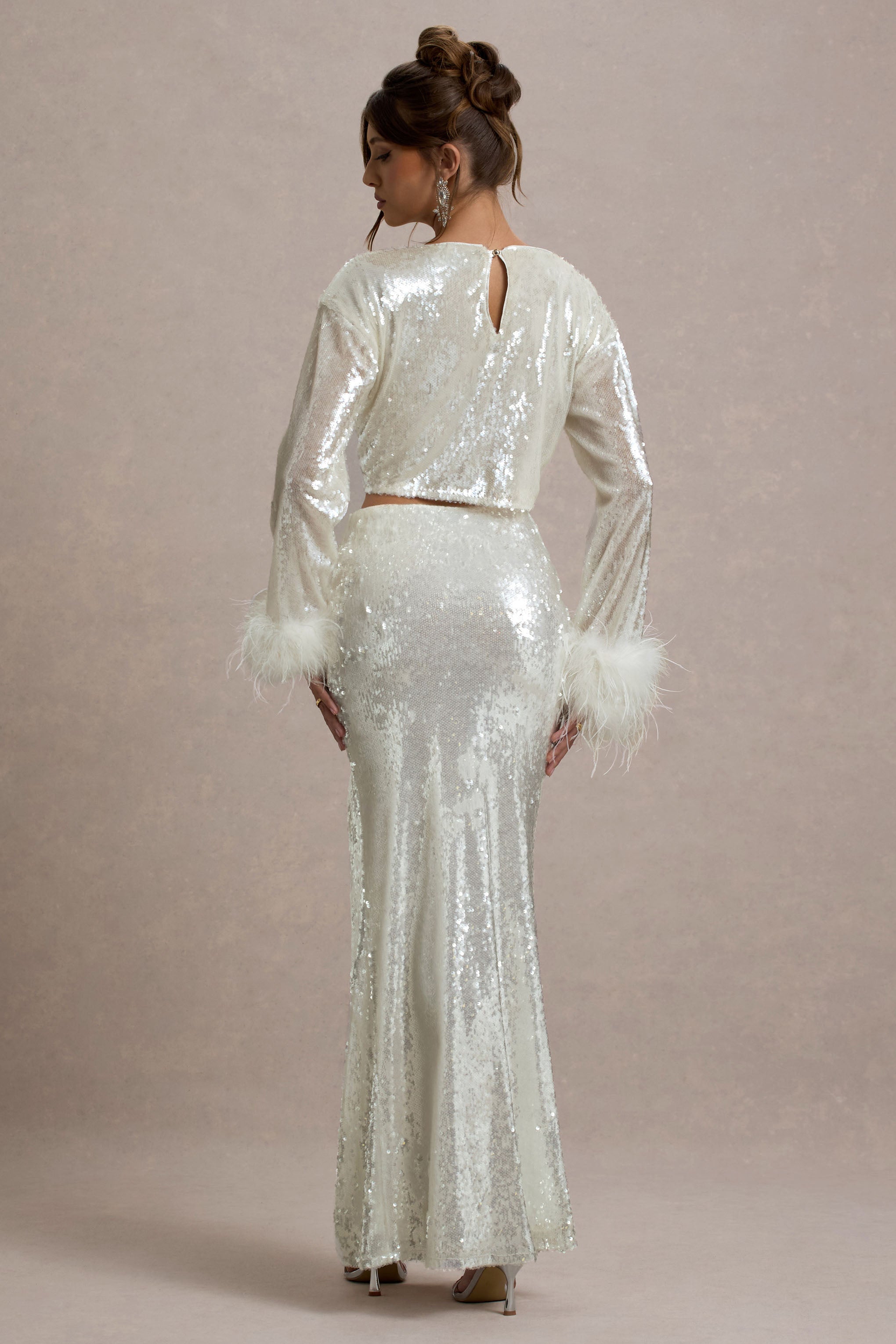  Sand Sequin Long-Sleeve Crop Top With Feather Trim