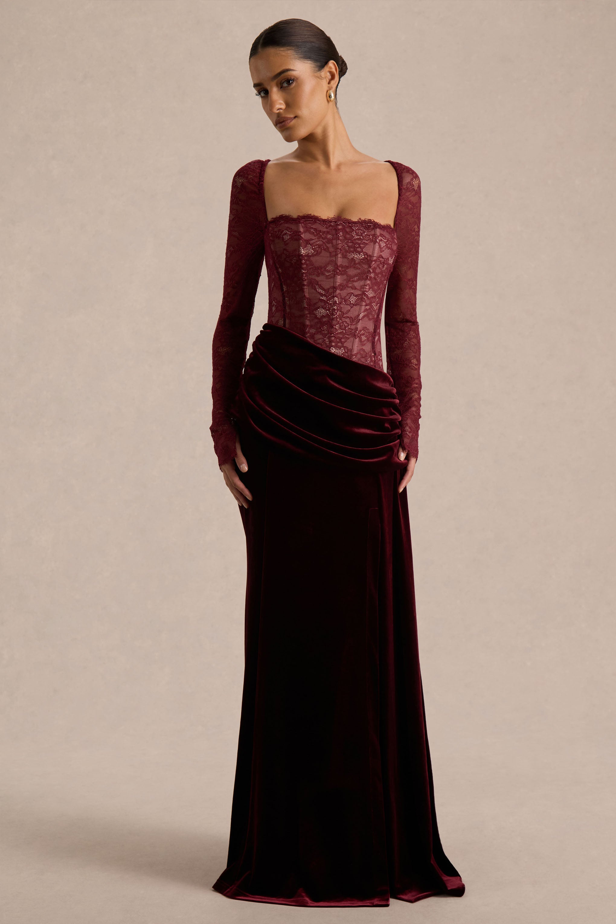  Burgundy Lace And Velvet Square-Neck Maxi Dress With Draped Skirt