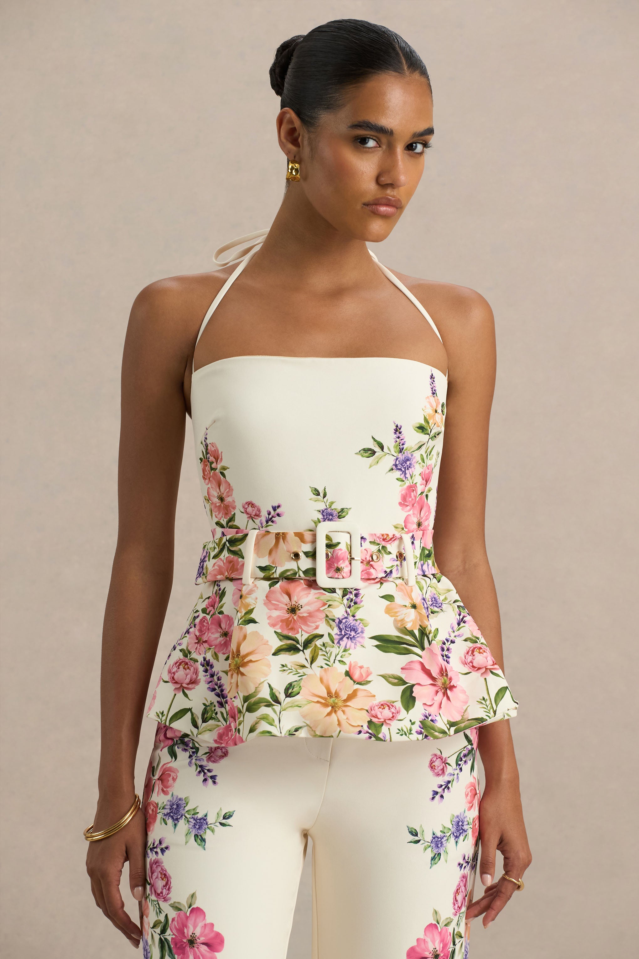  White Floral Border Print Square-Neck Tailored Top