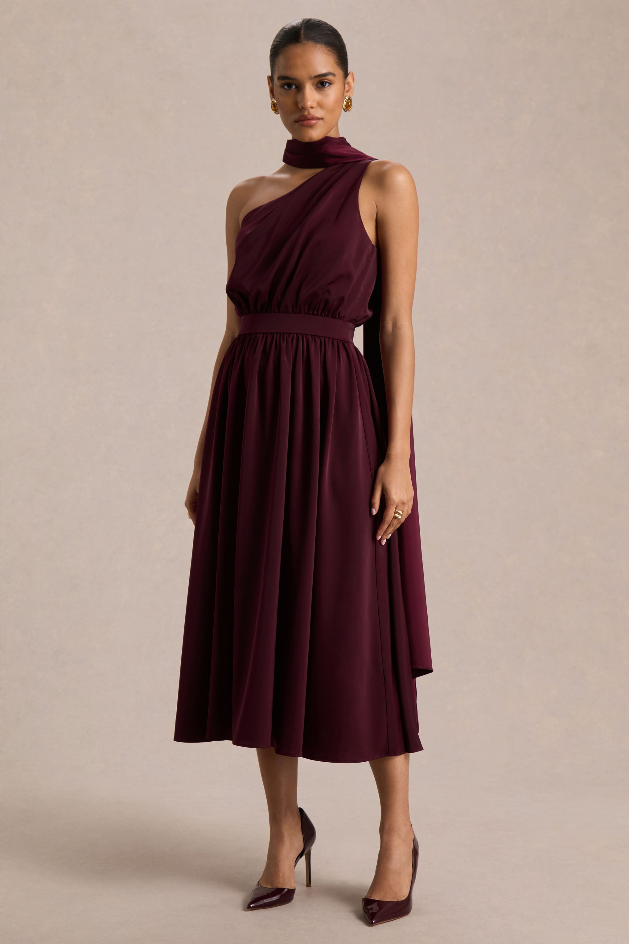  Burgundy Satin Asymmetric-Neck Midi Dress With Scarf-Detail