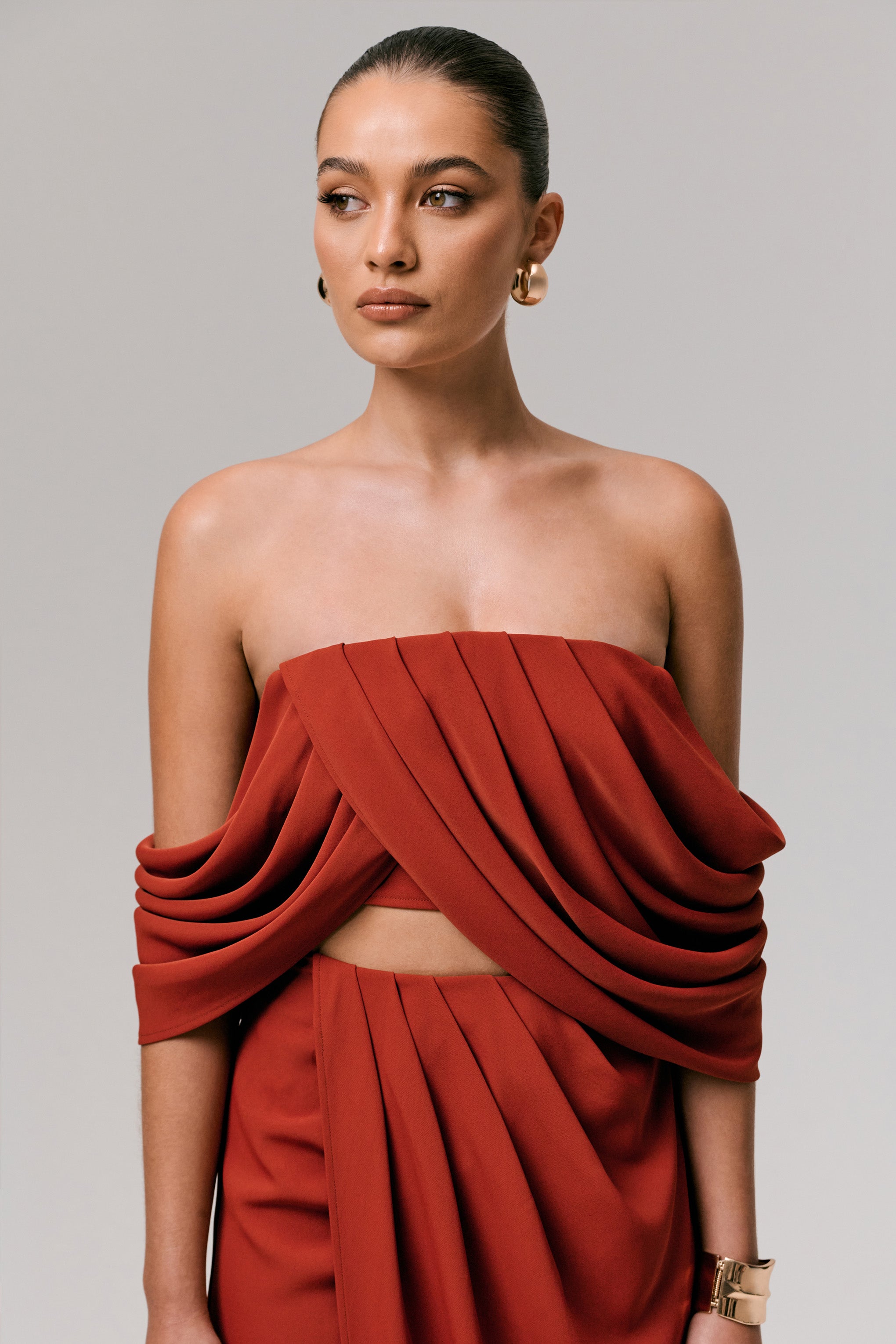 Terracotta Bardot Crop-Top With Draped Sleeves
