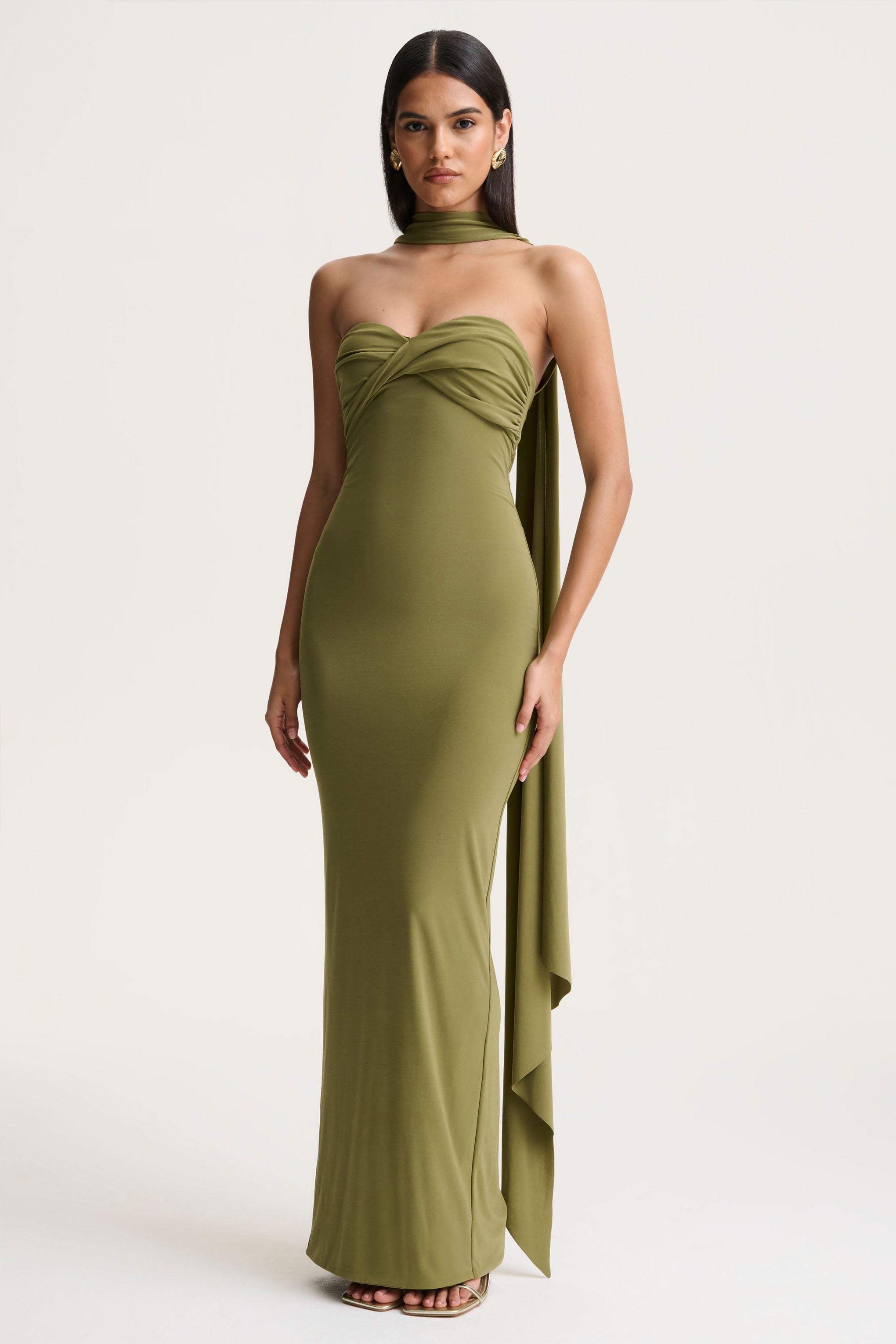  Olive Bandeau Maxi Dress With Scarf Detail