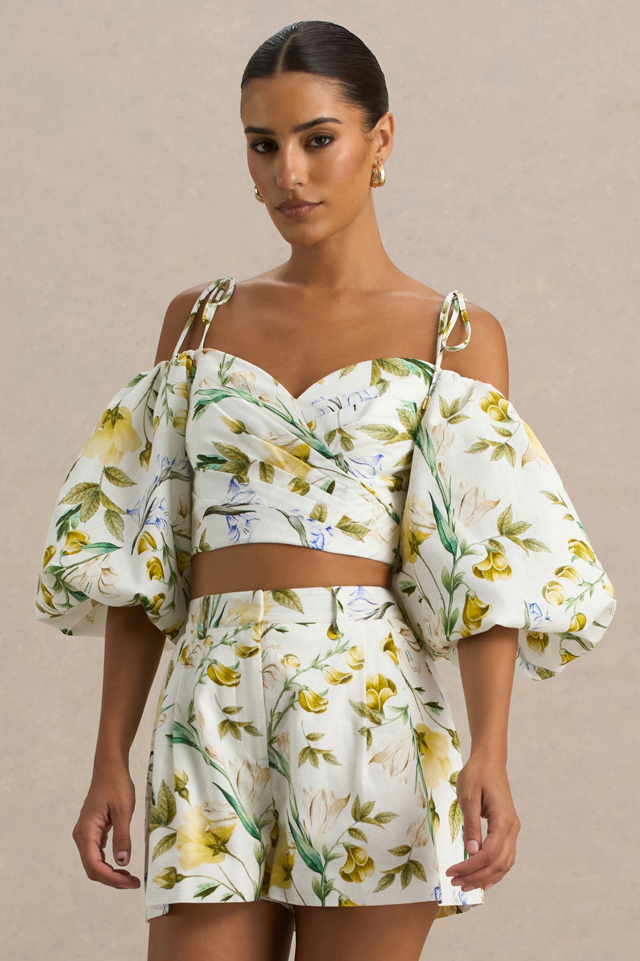  White Linen Botanical Print Plunge-Neck Ruffled Crop Top