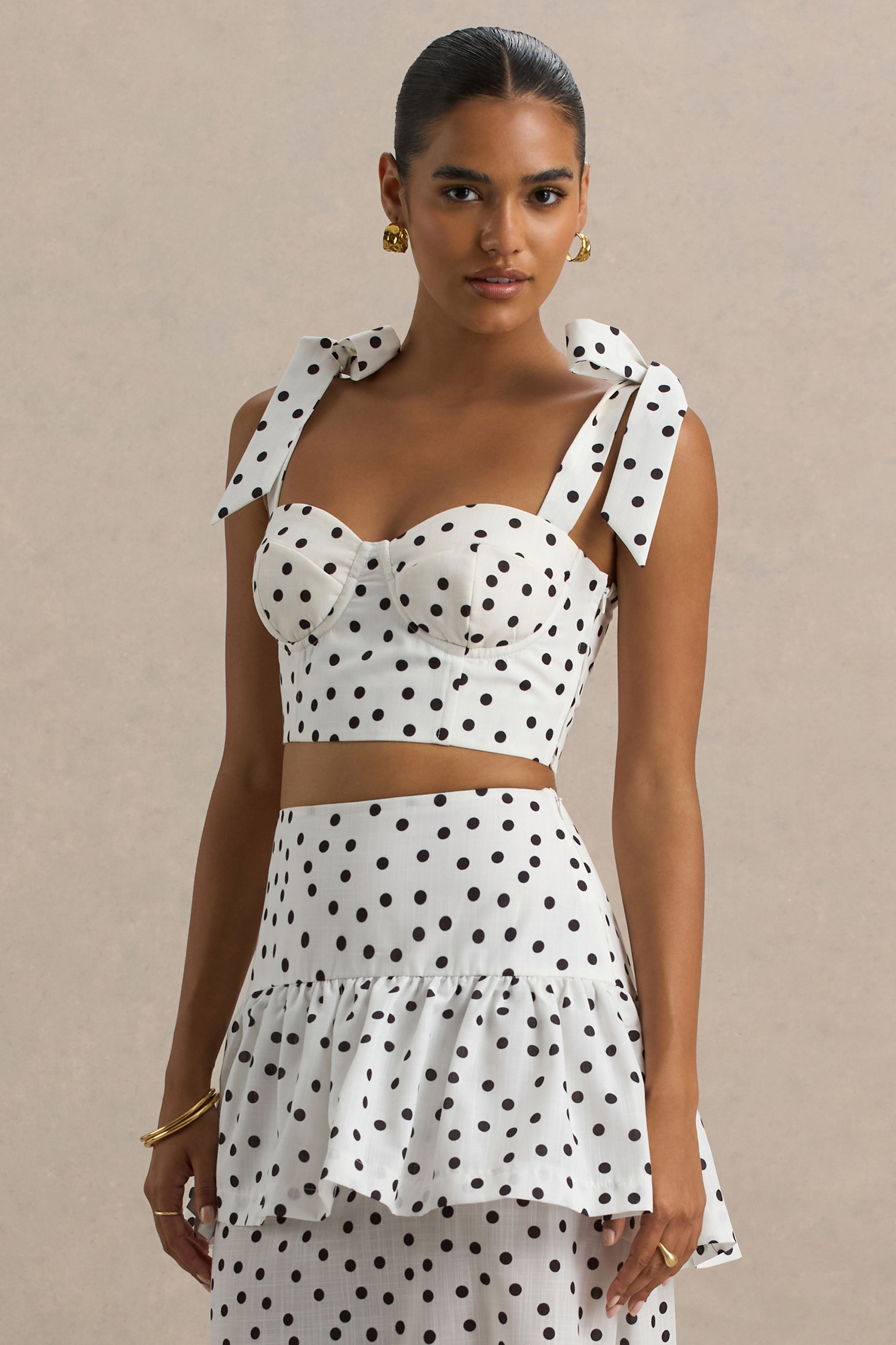 White Polka Dot Corset Sweetheart Top With Bow Straps