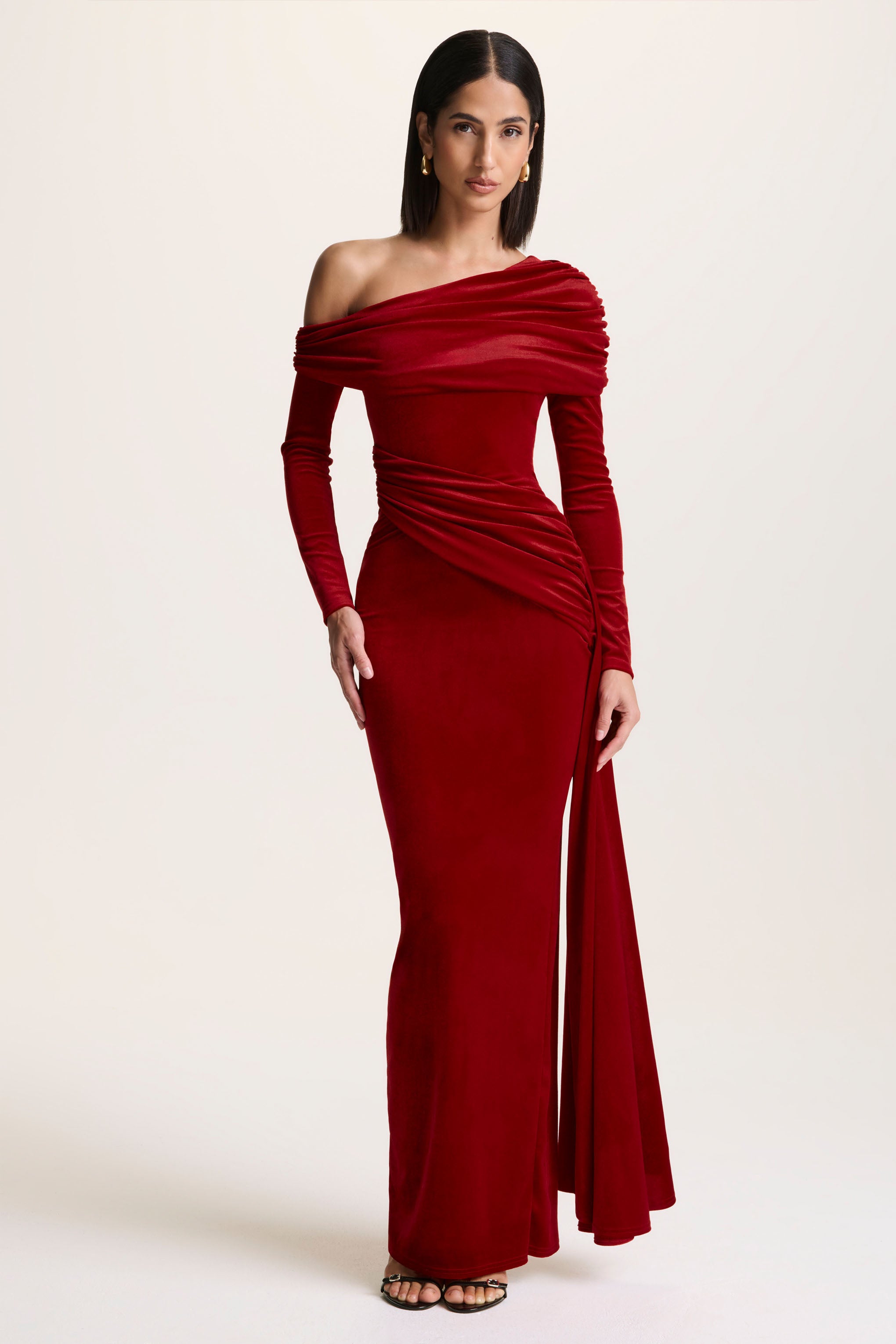 Red Velvet Asymmetric-Neck Maxi Dress With Sash-Detail