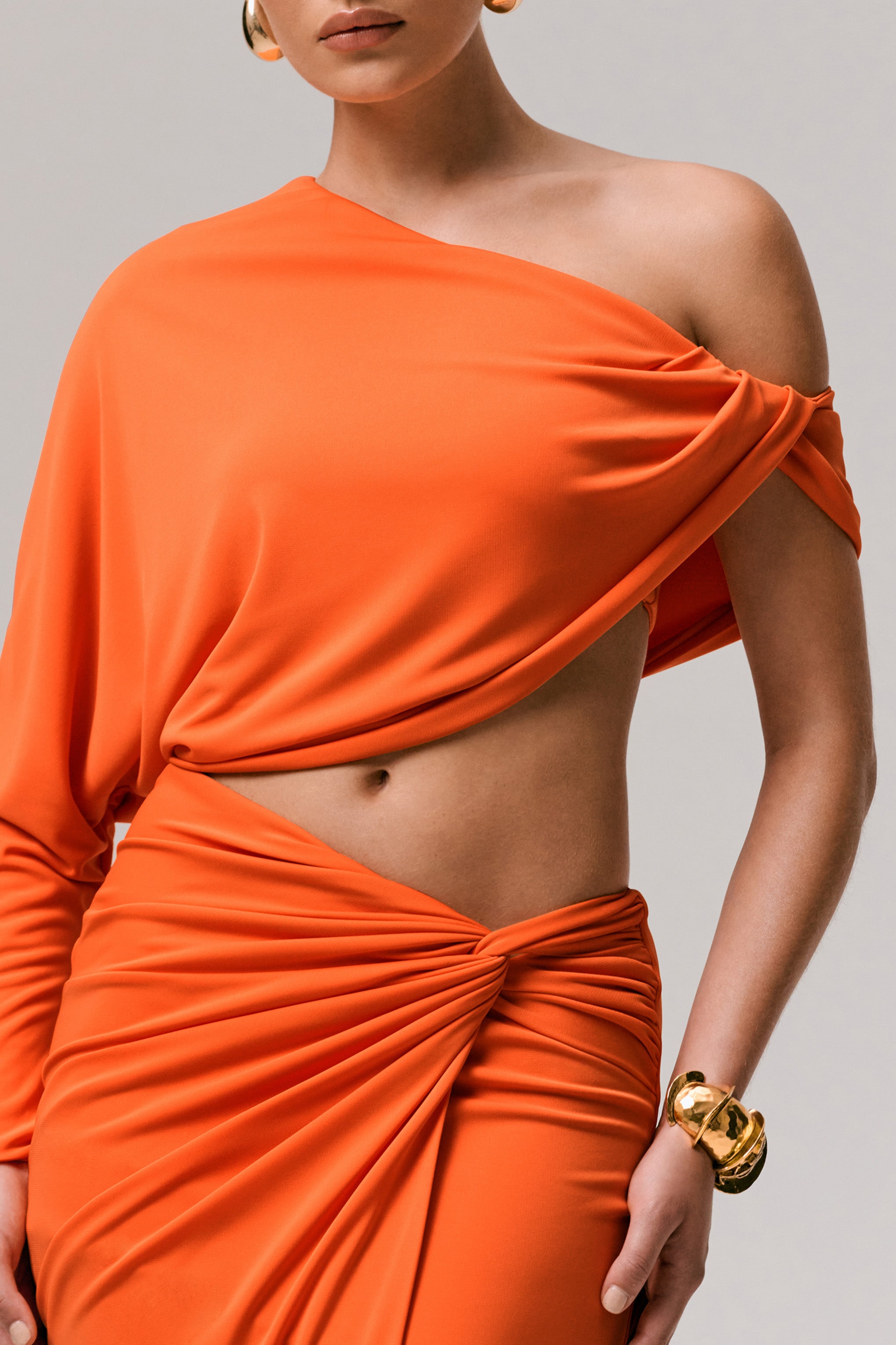 Orange Asymmetric One-Sleeve Draped Top