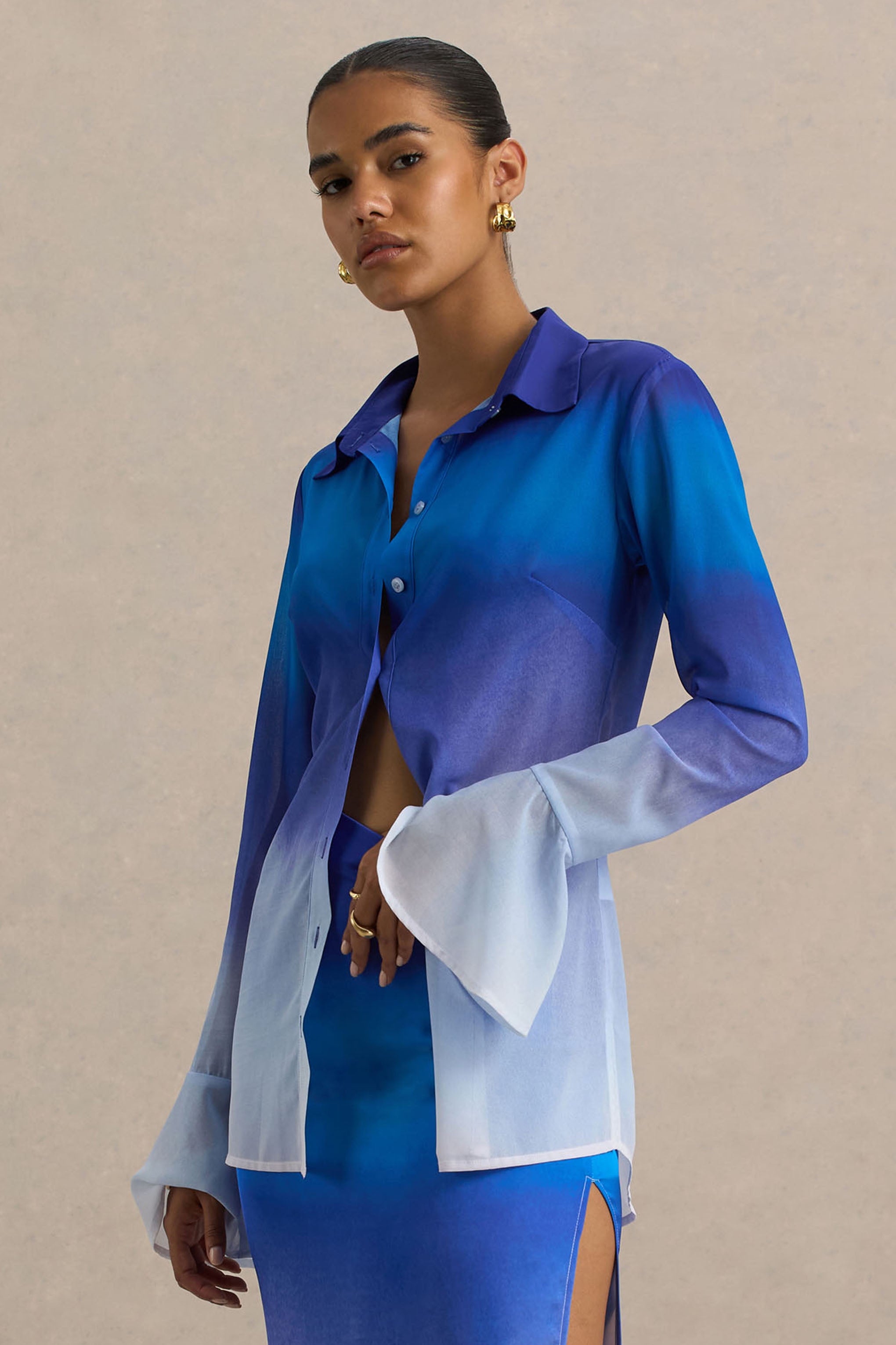 Blue Ombre Flared-Sleeve Shirt