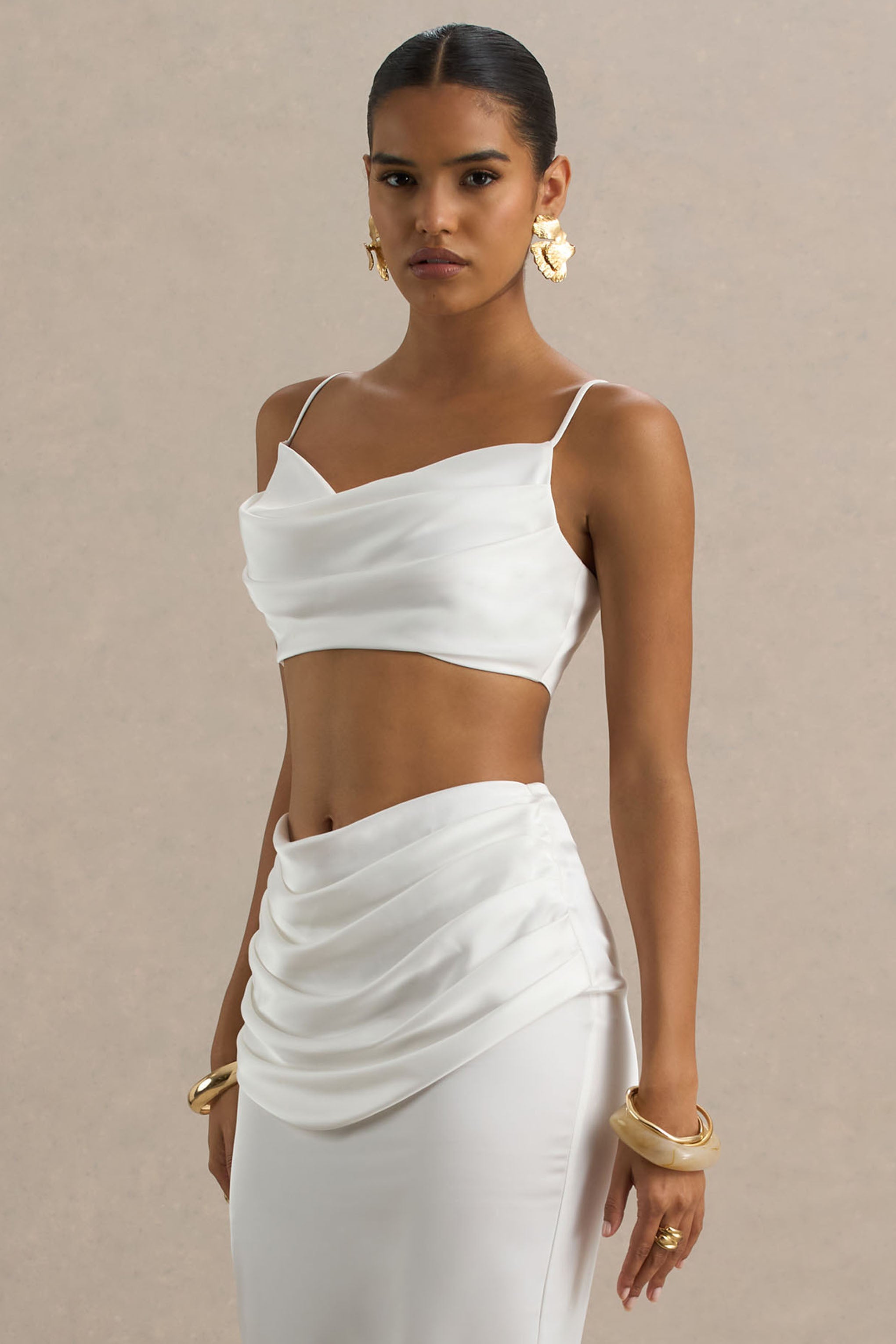 White Ruched Cowl-Neck Crop Top