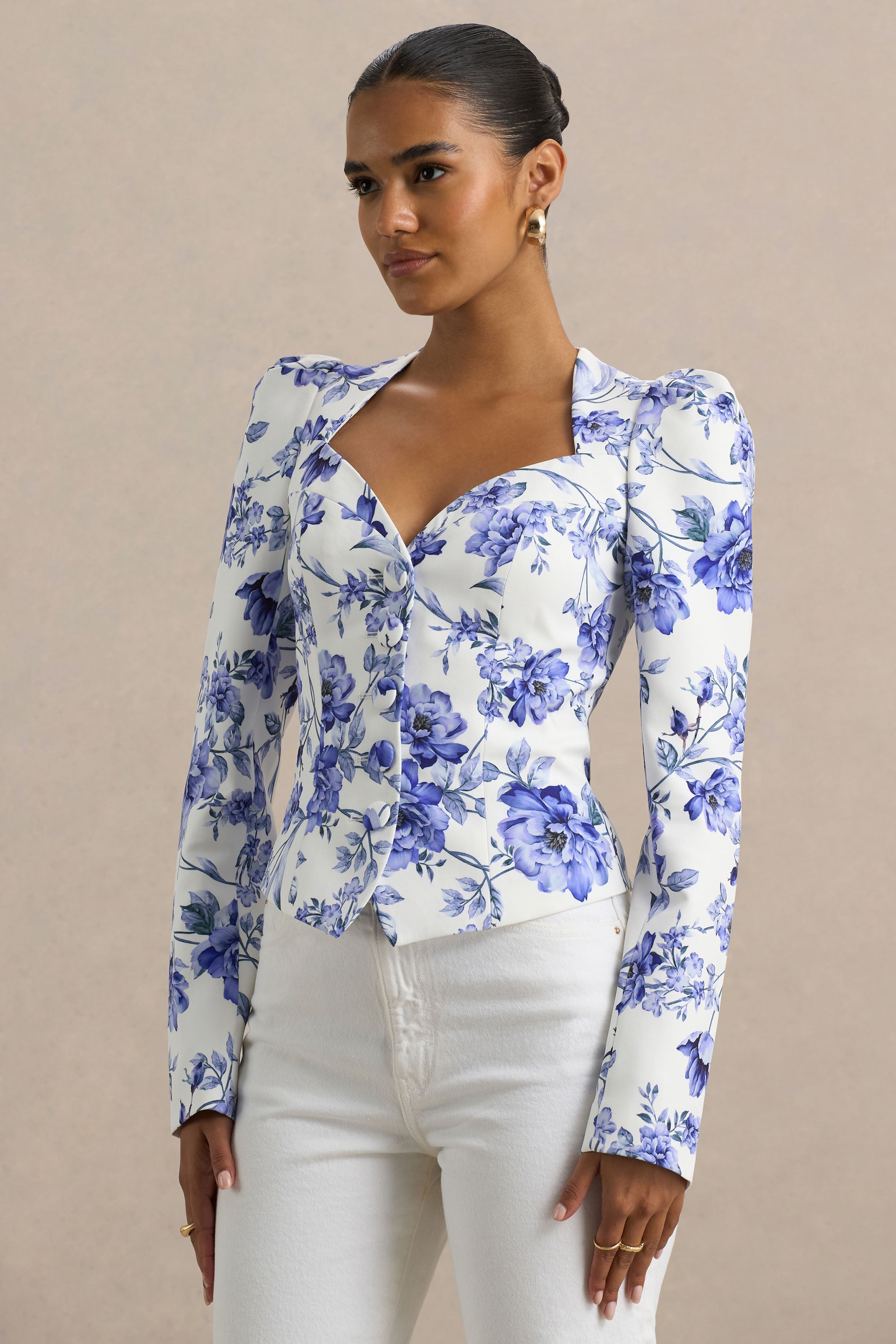 Blue Floral Print Sweetheart-Neck Tailored Top