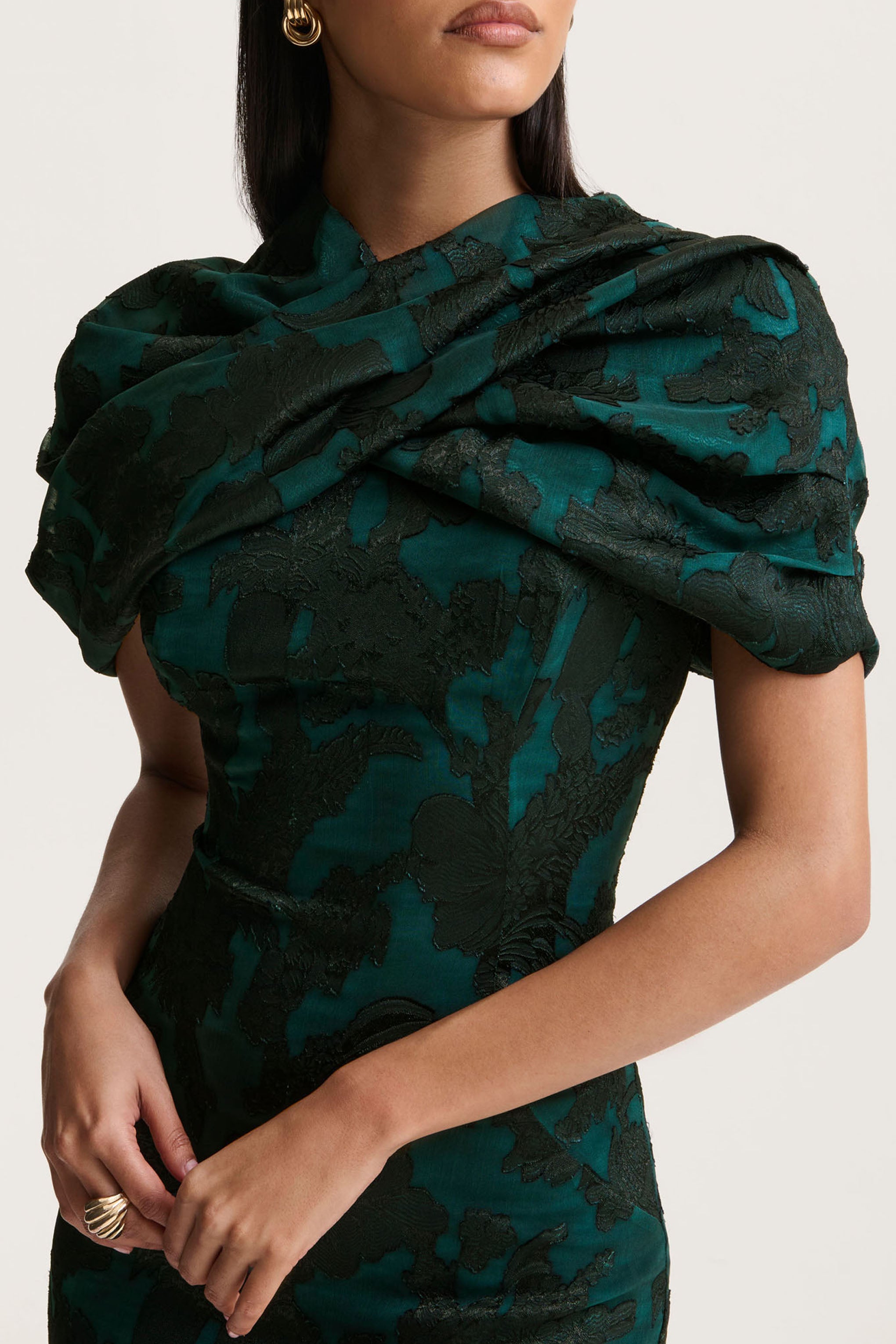 Dark Green Satin Devore Square-Neck Maxi Dress With Removable Twisted-Cape