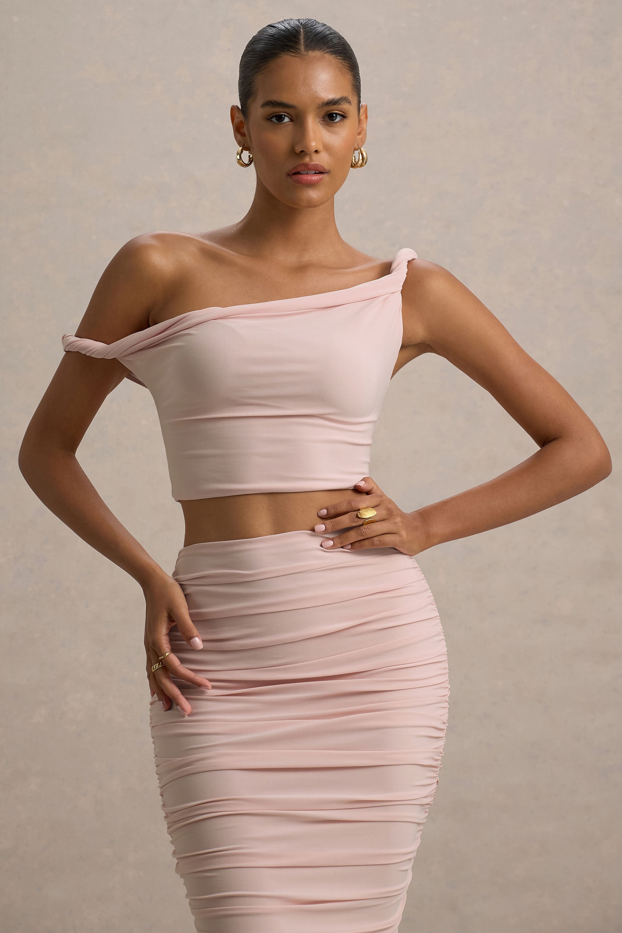  Light Pink Twisted Asymmetric Crop Top
