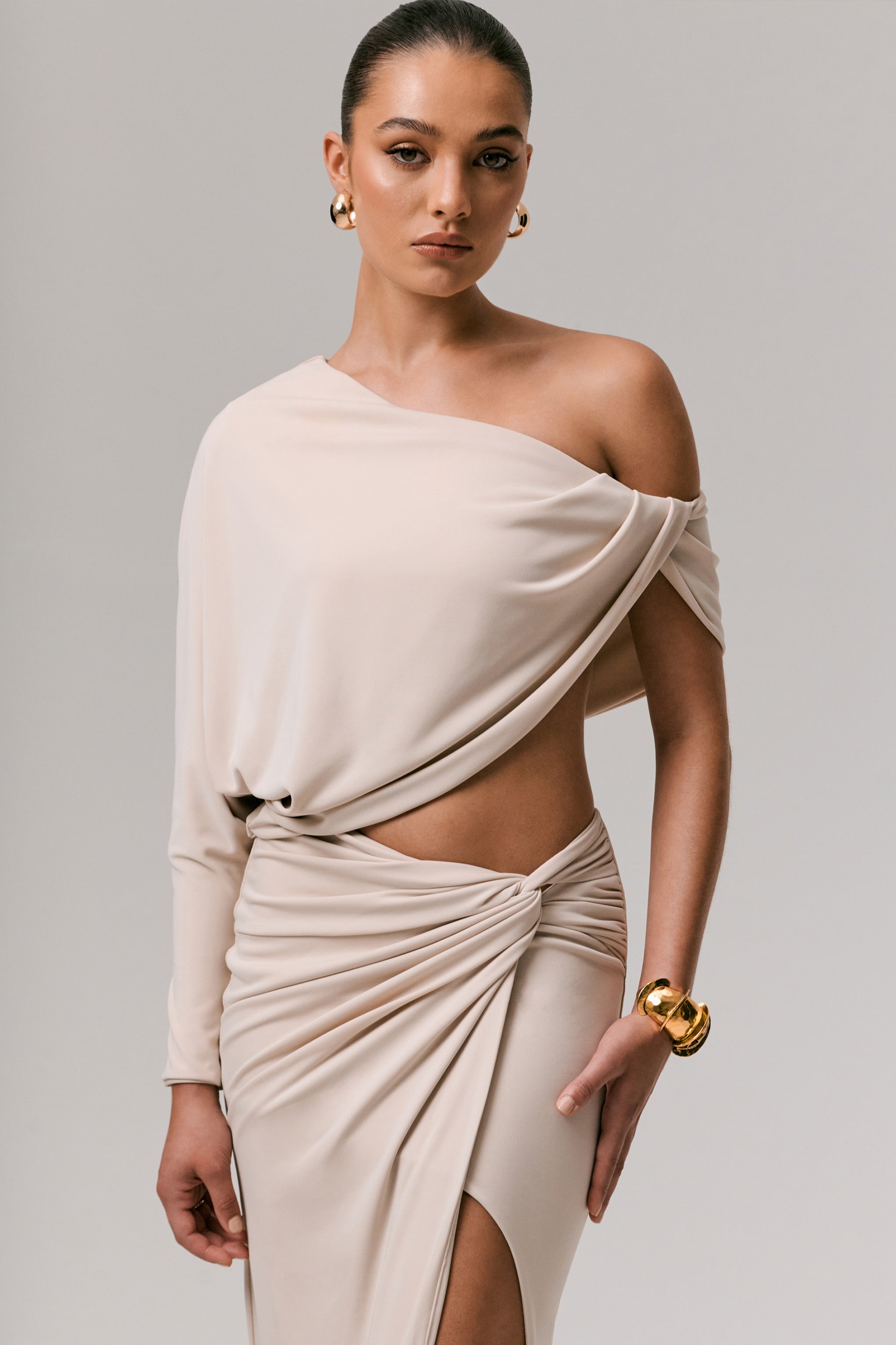 Stone Asymmetric One-Sleeve Draped Top