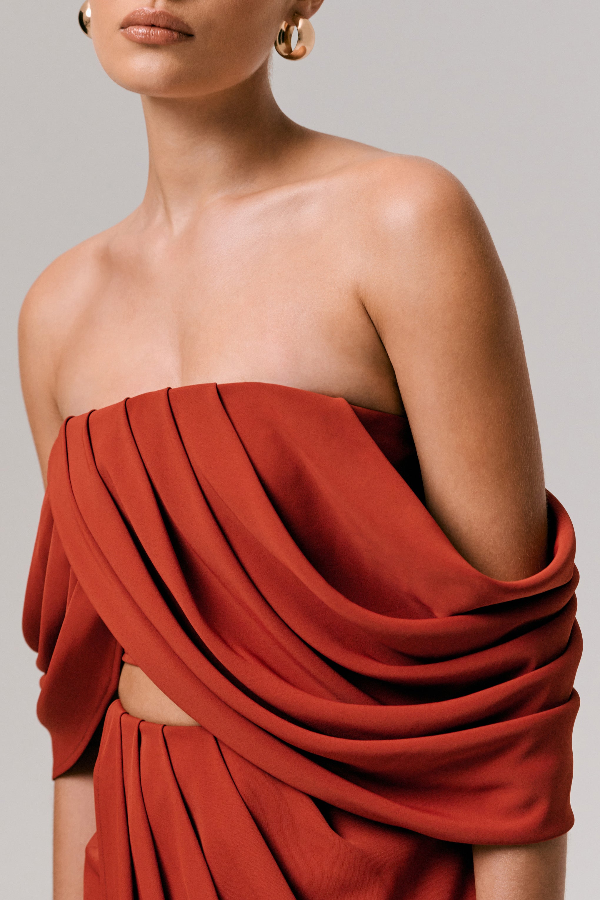  Terracotta Bardot Crop-Top With Draped Sleeves