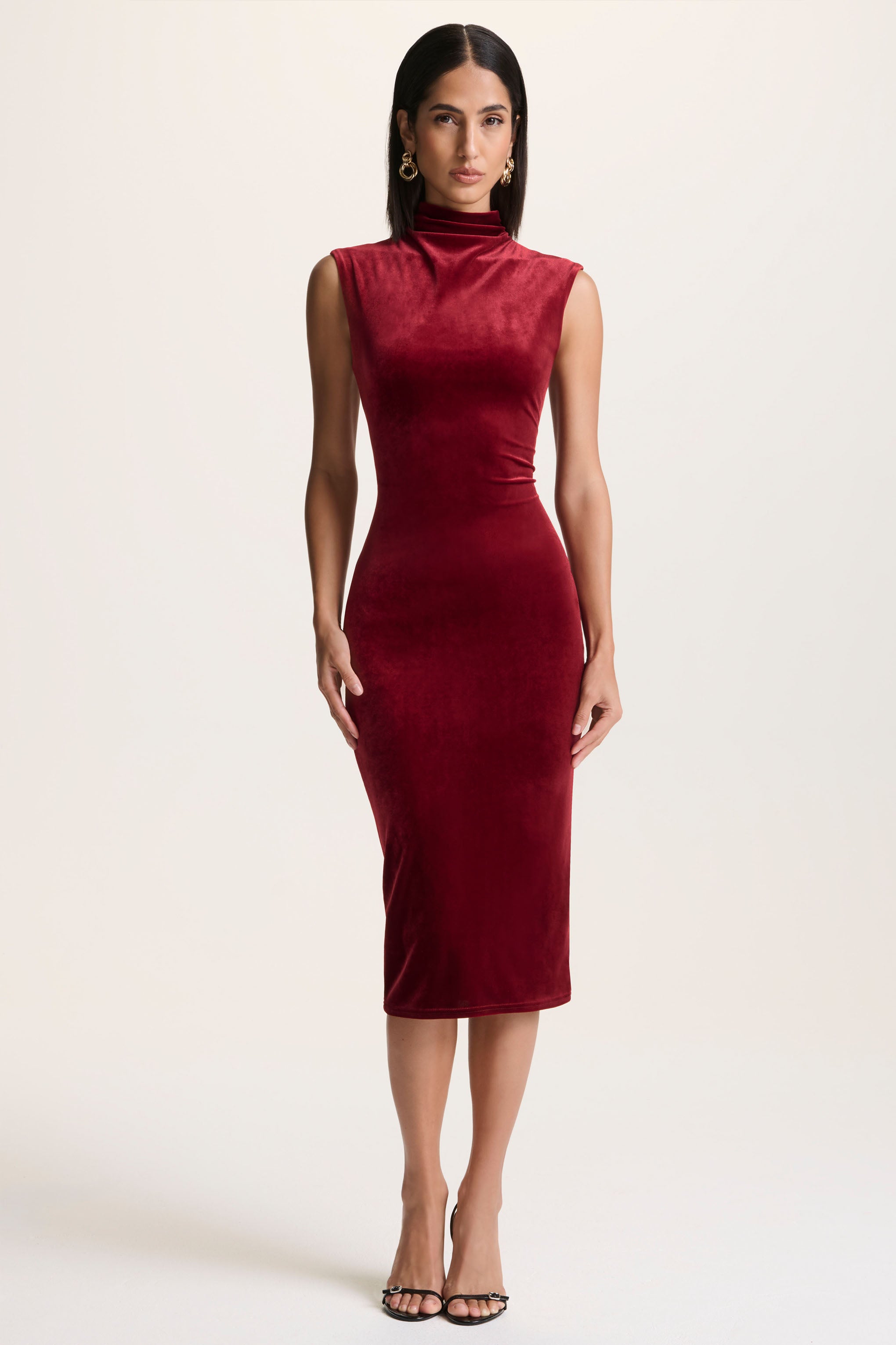 Burgundy Velvet High-Neck Midi Dress With Cap-Sleeves