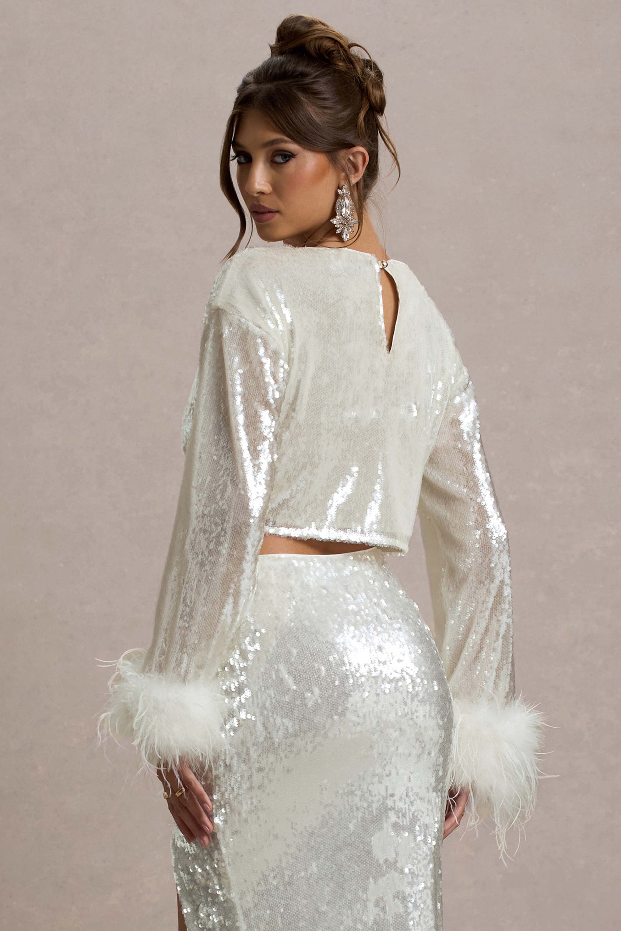  Sand Sequin Long-Sleeve Crop Top With Feather Trim