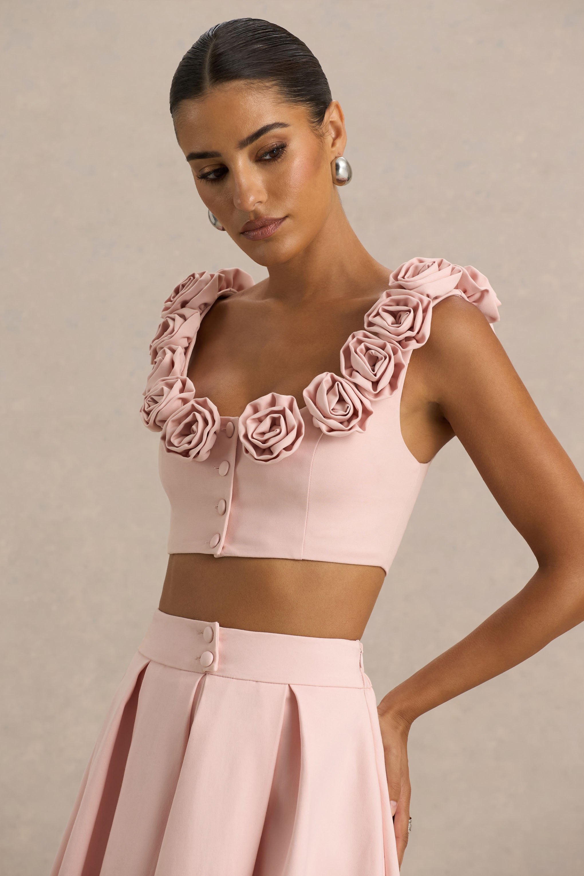 Baby Pink Scoop-Neck Crop Top With Corsage Details