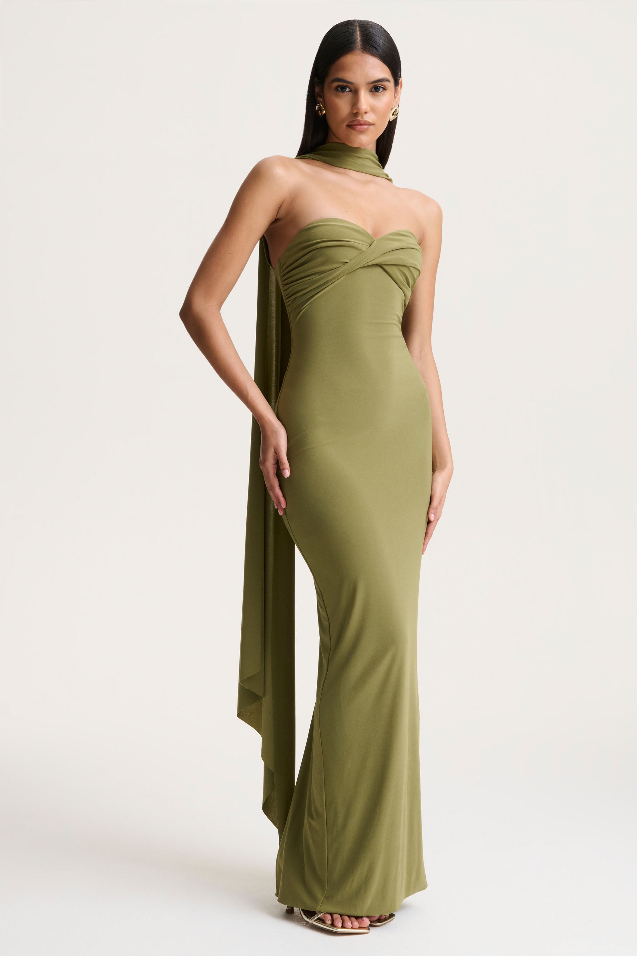  Olive Bandeau Maxi Dress With Scarf Detail