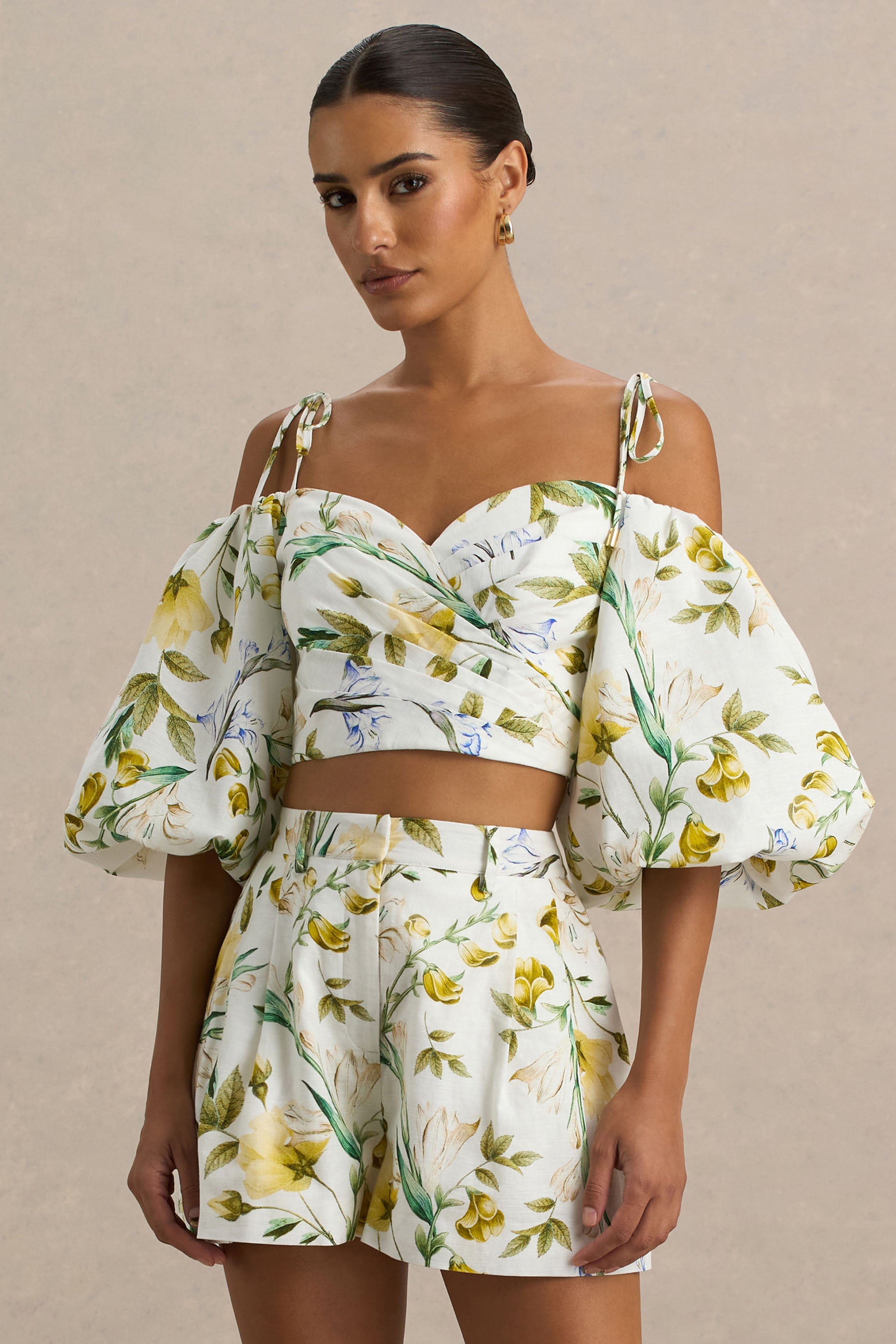  White Linen Botanical Print Plunge-Neck Ruffled Crop Top