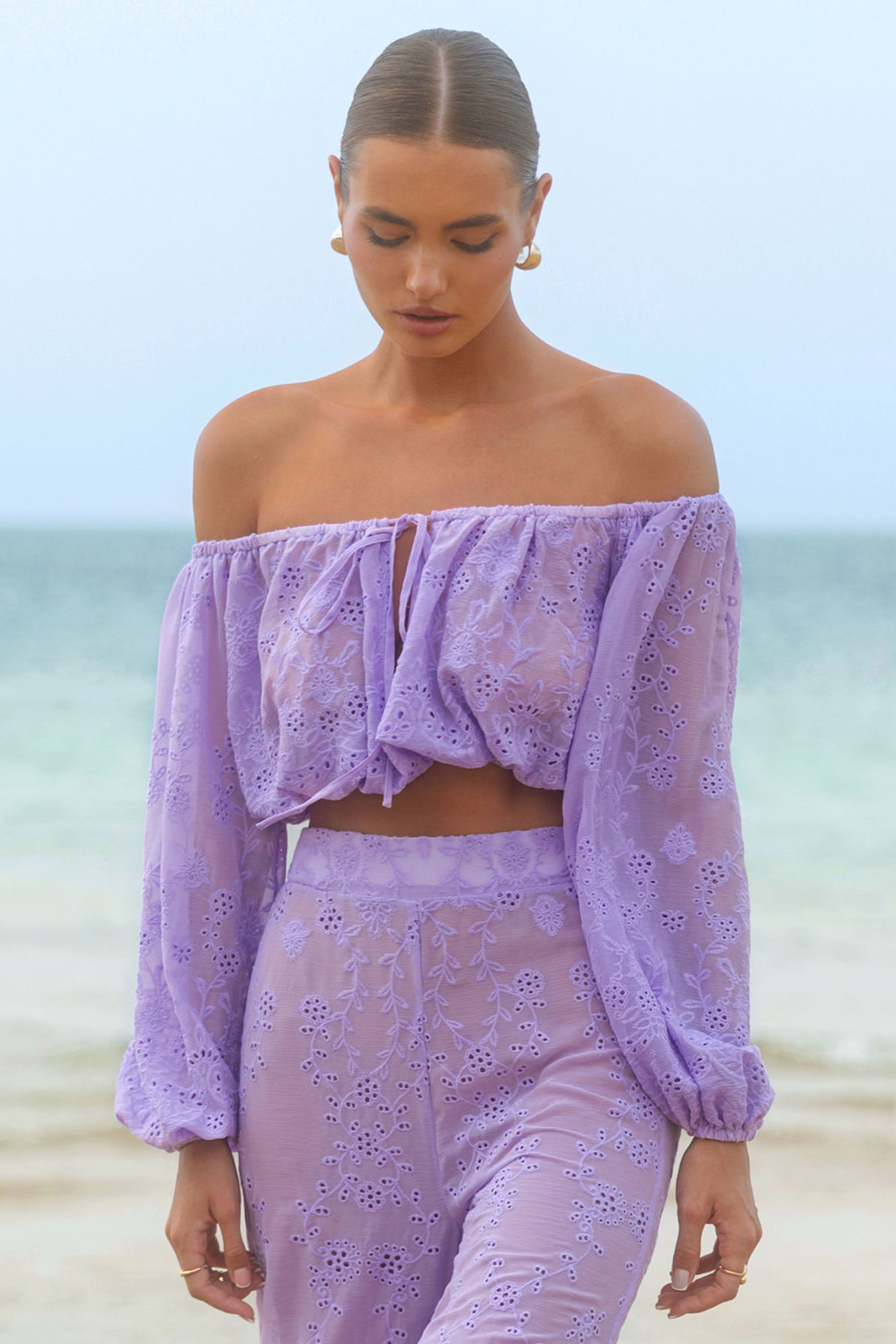  Lilac Broidery Bardot Puff-Sleeve Top