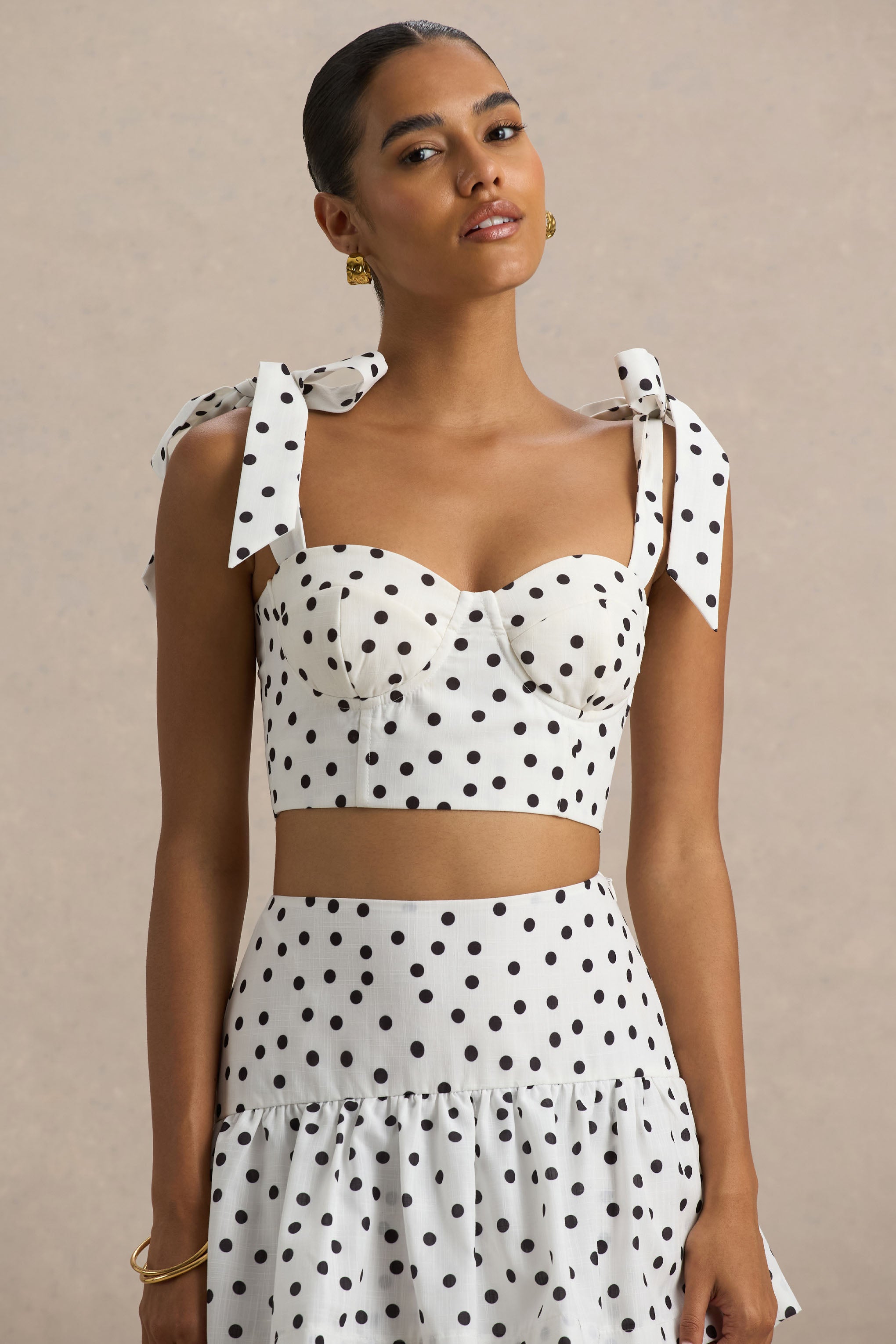 White Polka Dot Corset Sweetheart Top With Bow Straps