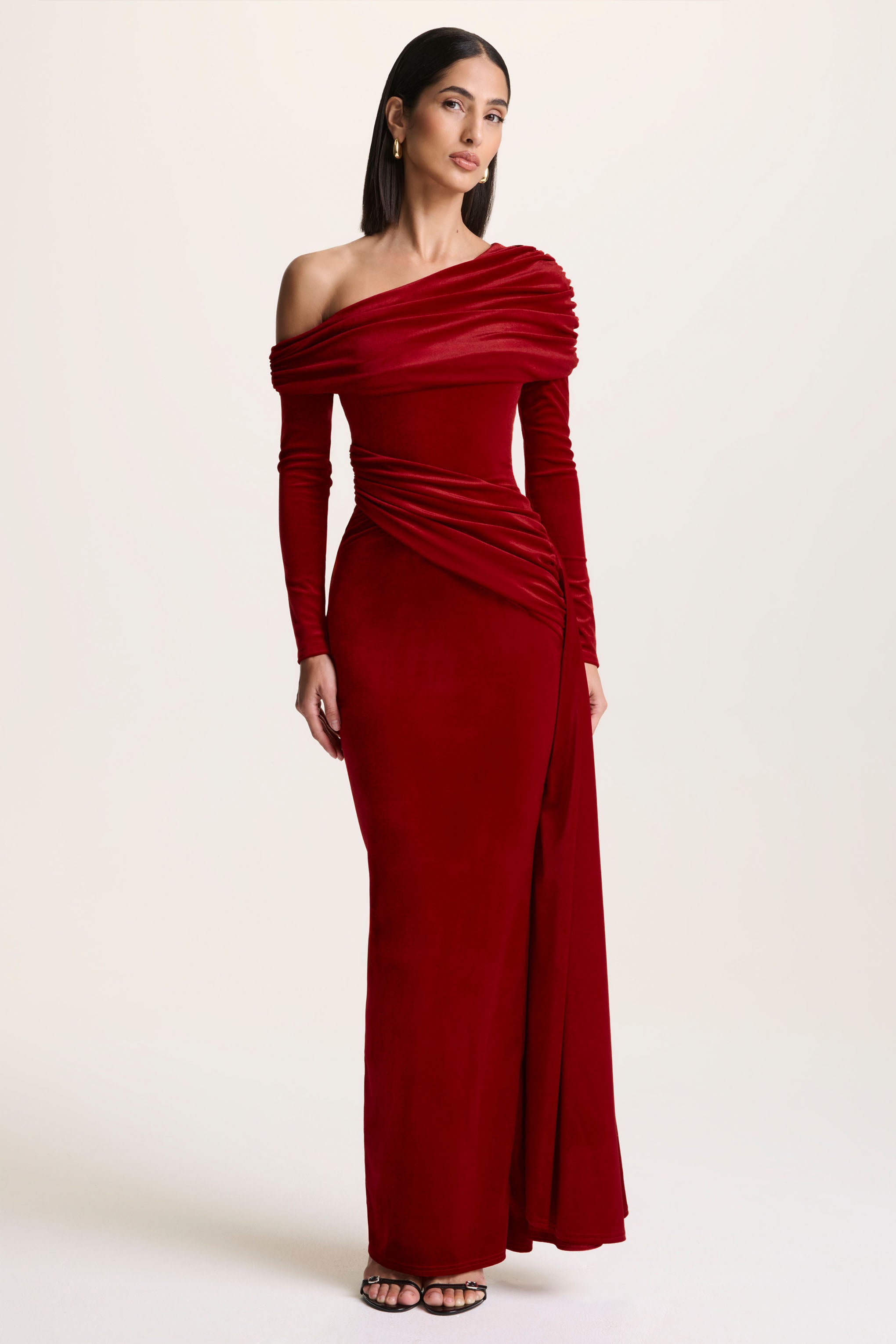 Red Velvet Asymmetric-Neck Maxi Dress With Sash-Detail