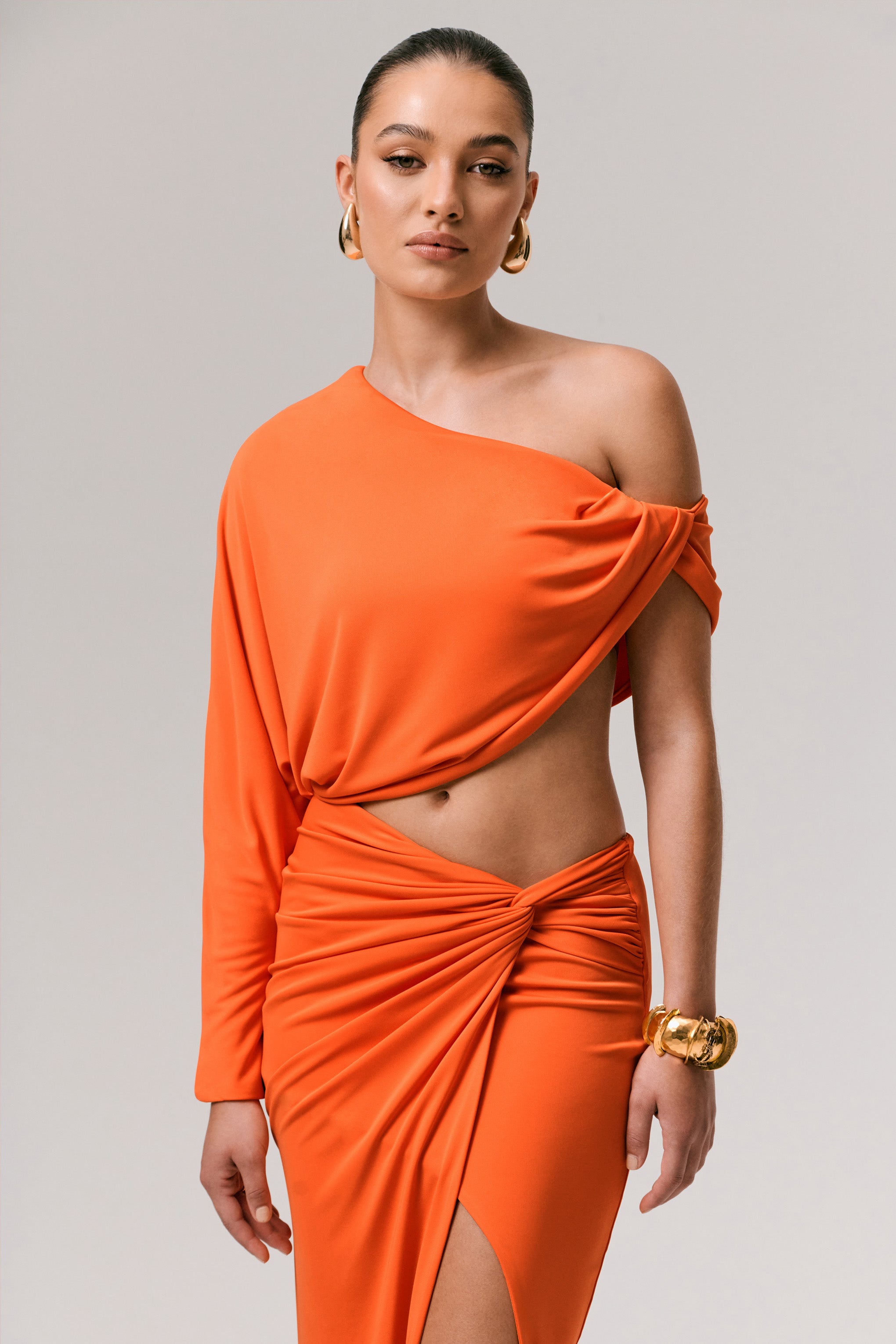 Orange Asymmetric One-Sleeve Draped Top