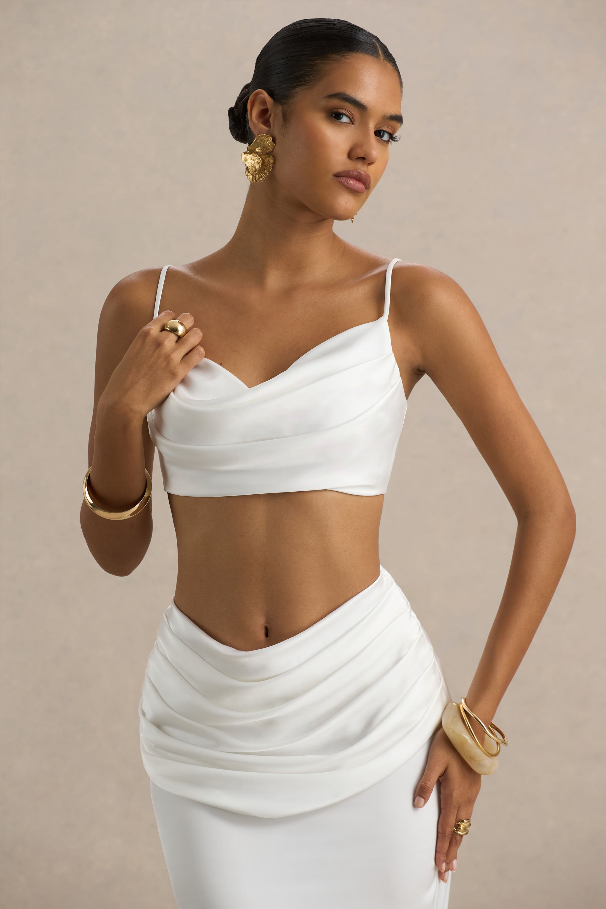 White Ruched Cowl-Neck Crop Top