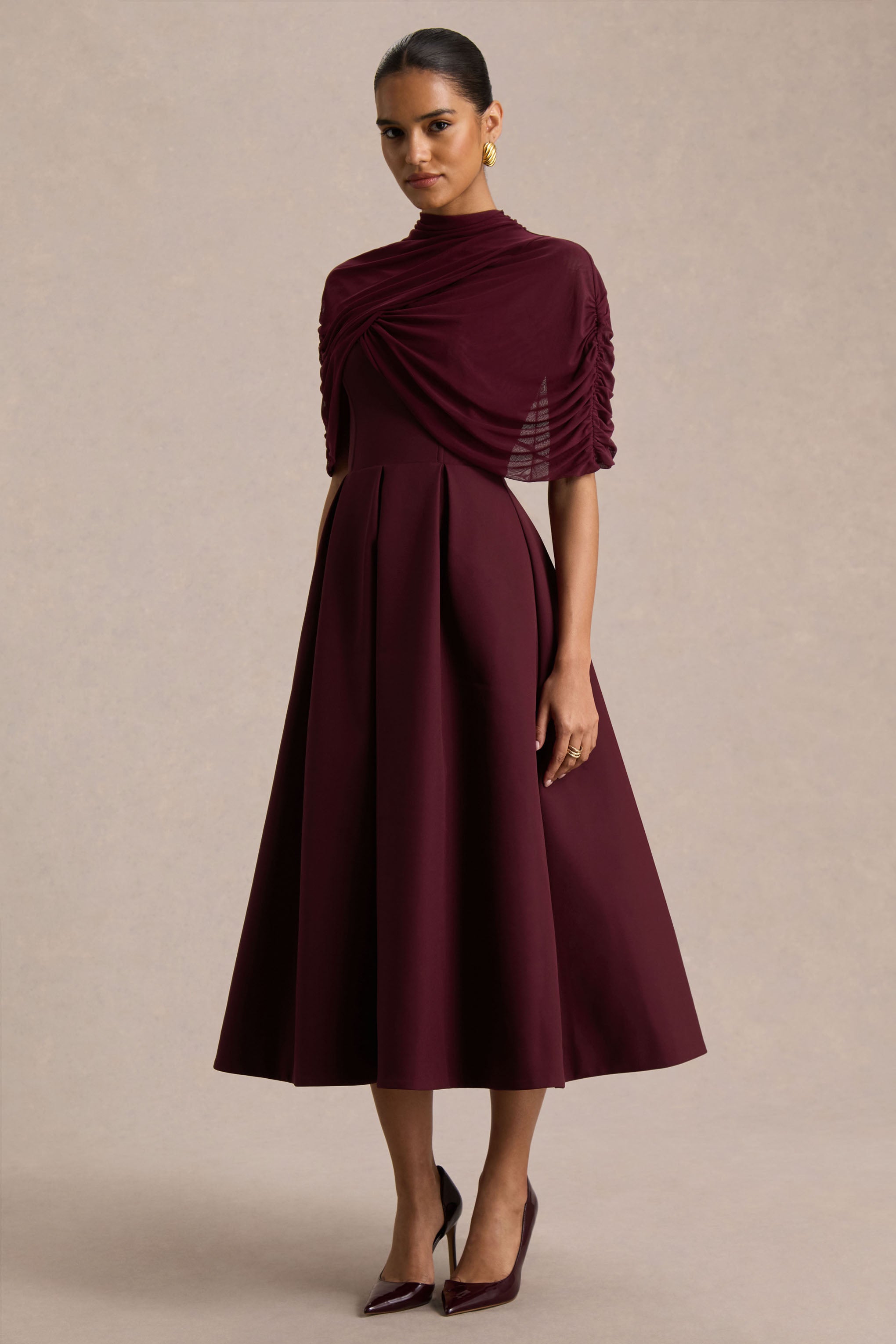 Burgundy High-Neck Midi Dress