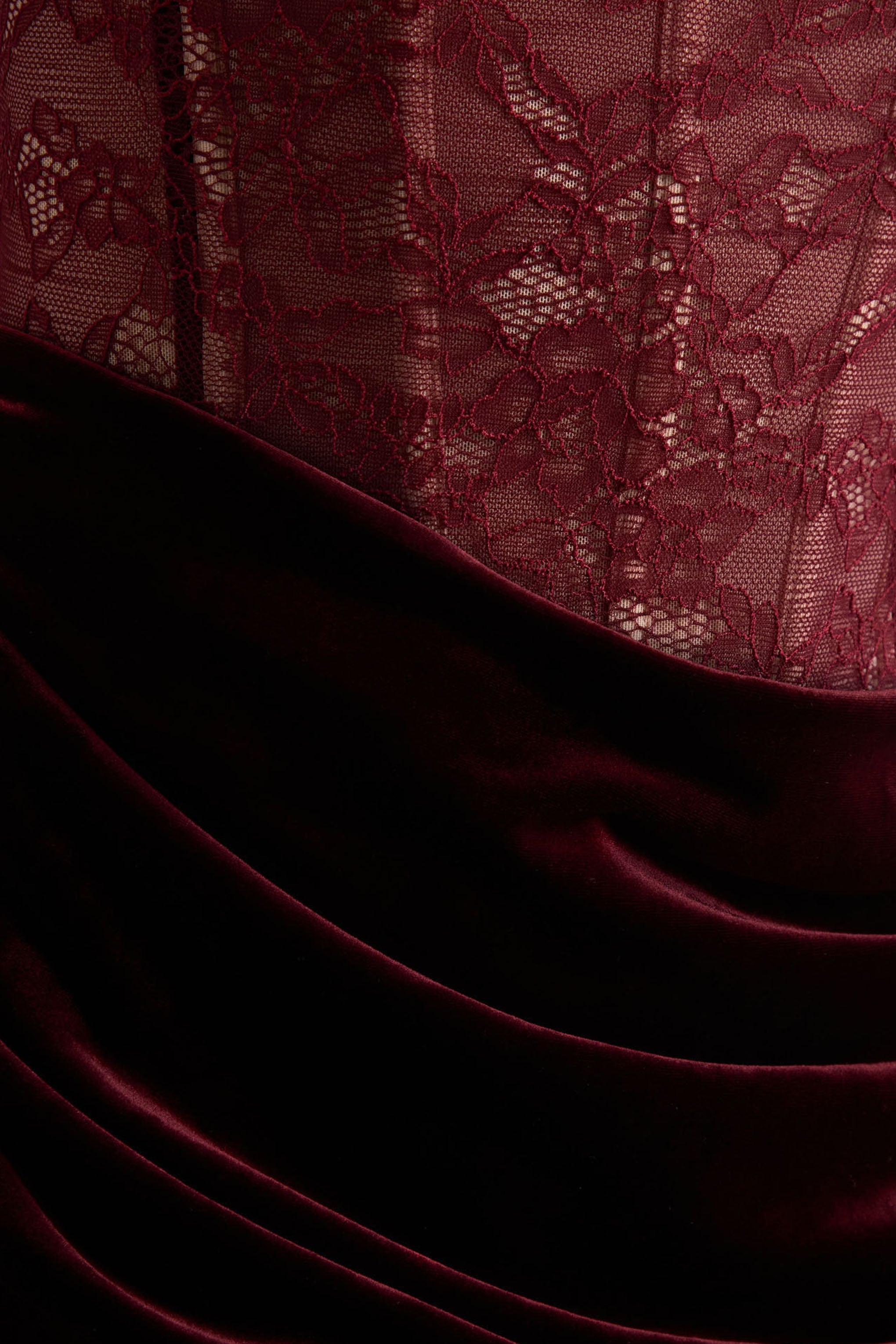  Burgundy Lace And Velvet Square-Neck Maxi Dress With Draped Skirt