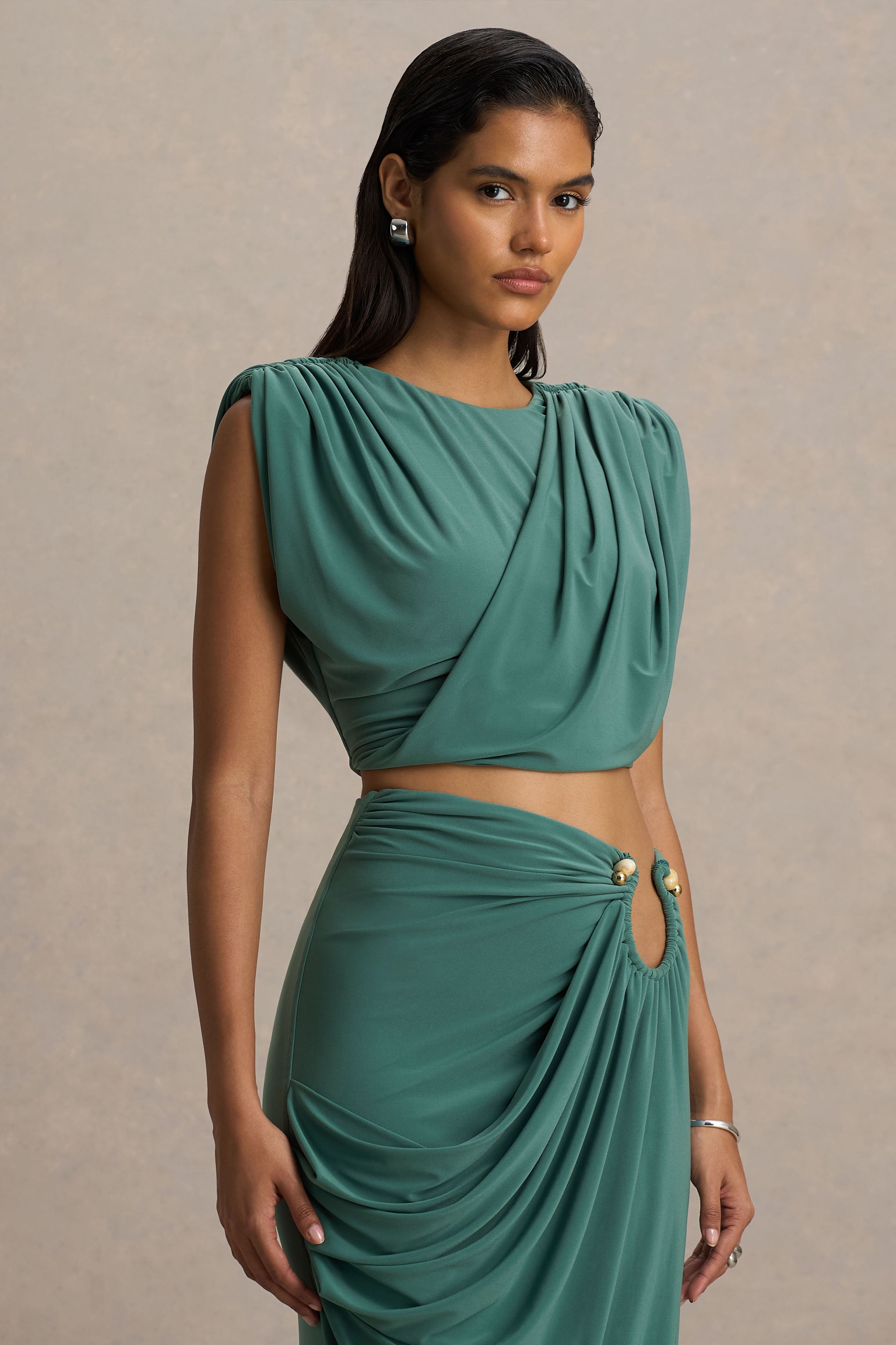  Green Crew-Neck Crop-Top With Ruched Detailing