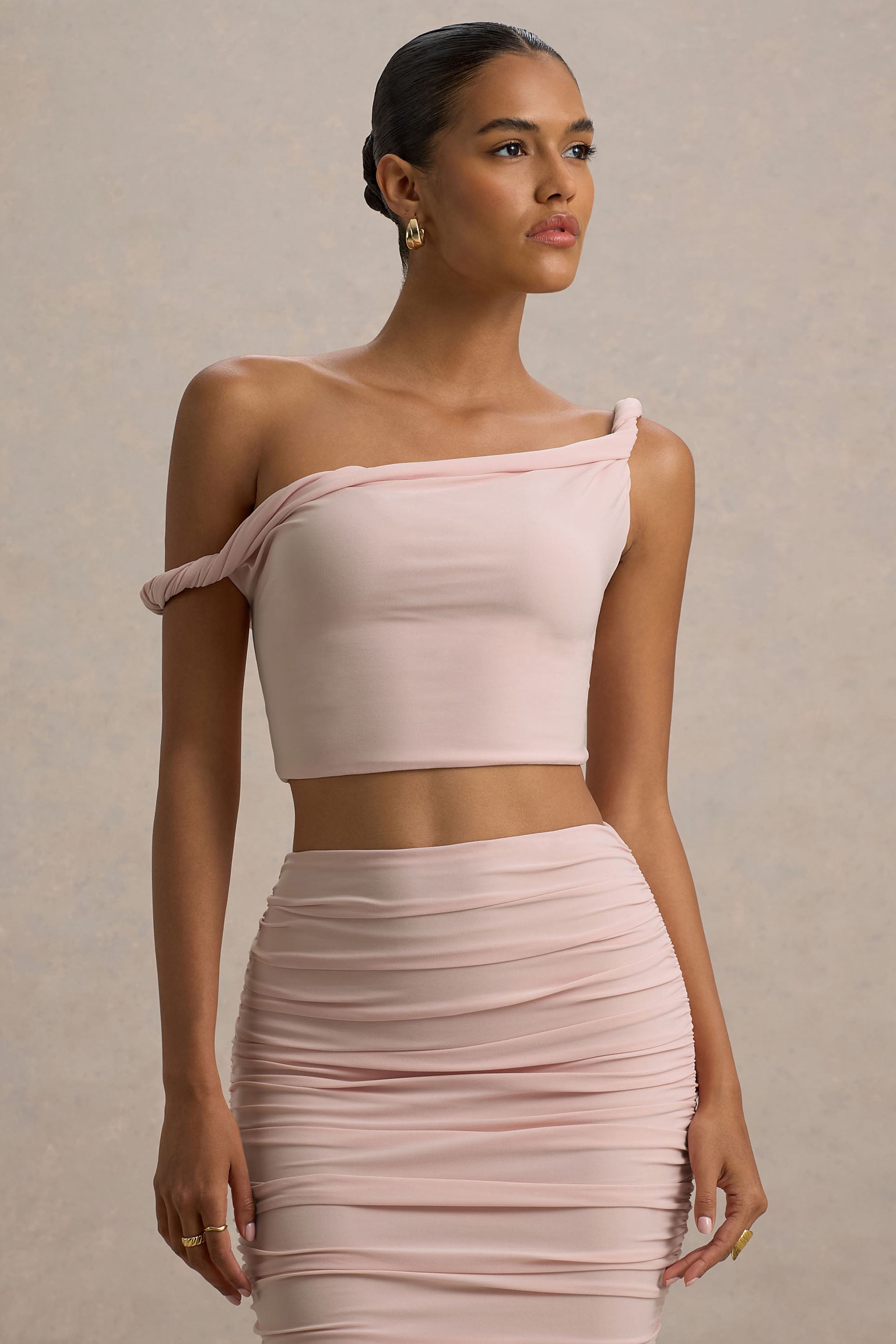  Light Pink Twisted Asymmetric Crop Top