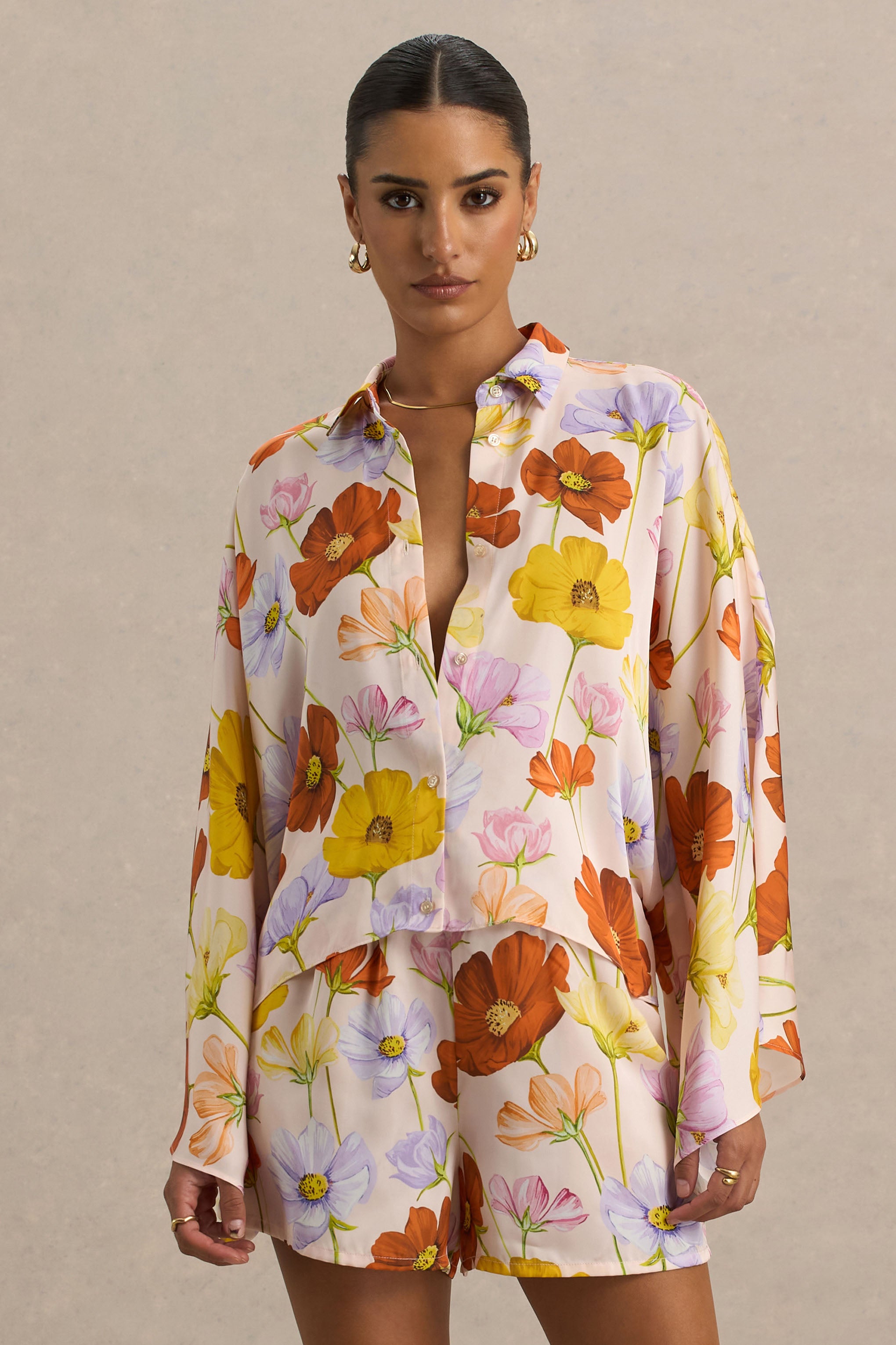  Bright Floral Print Long-Sleeve Shirt